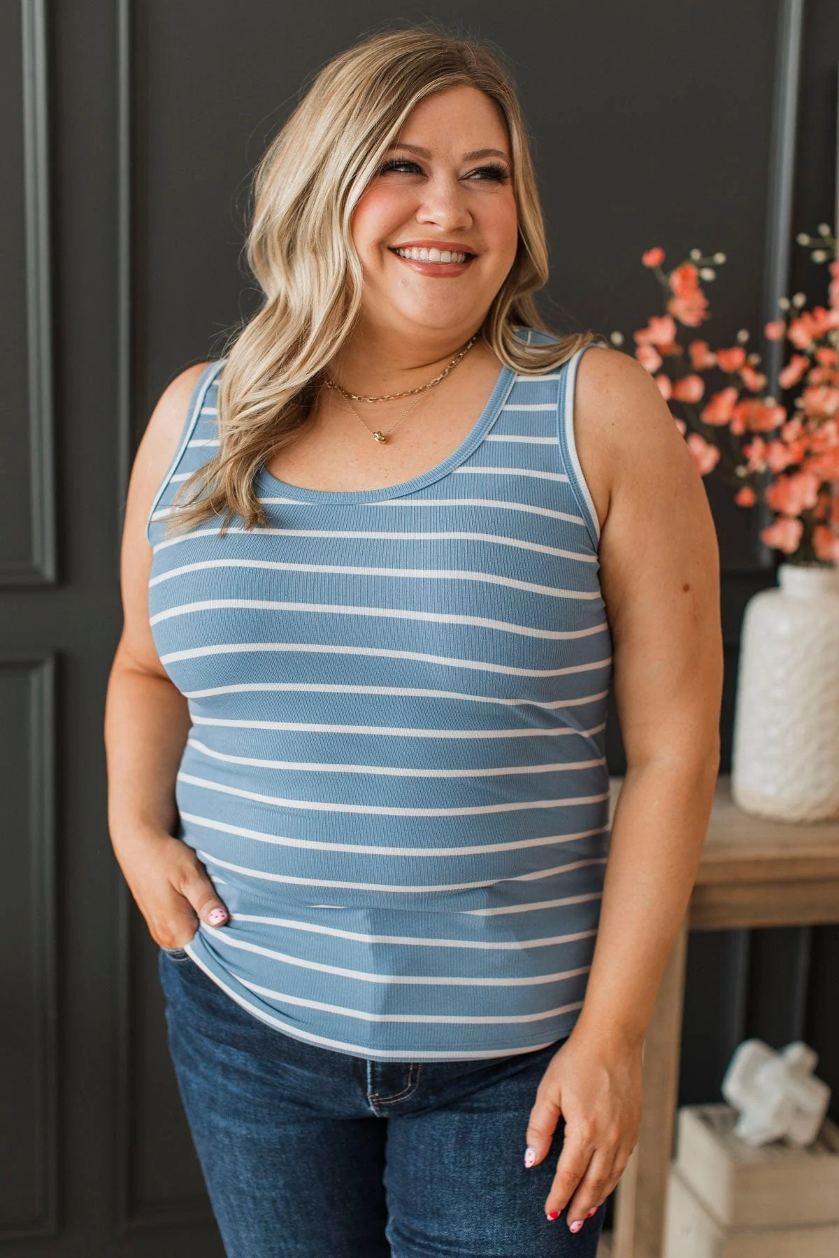 Coveted Love Striped Tank Top- Denim Blue - Image 2