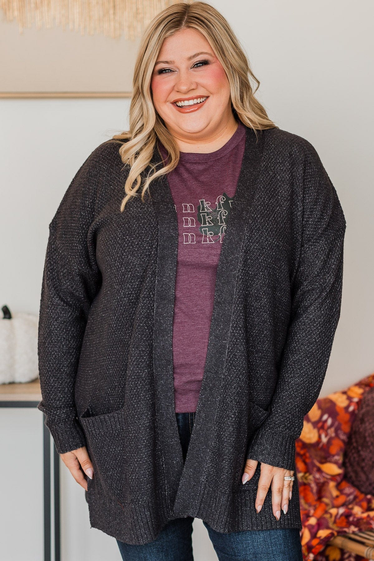 Cozy As Can Be Long Knitted Cardigan- Charcoal - Image 2