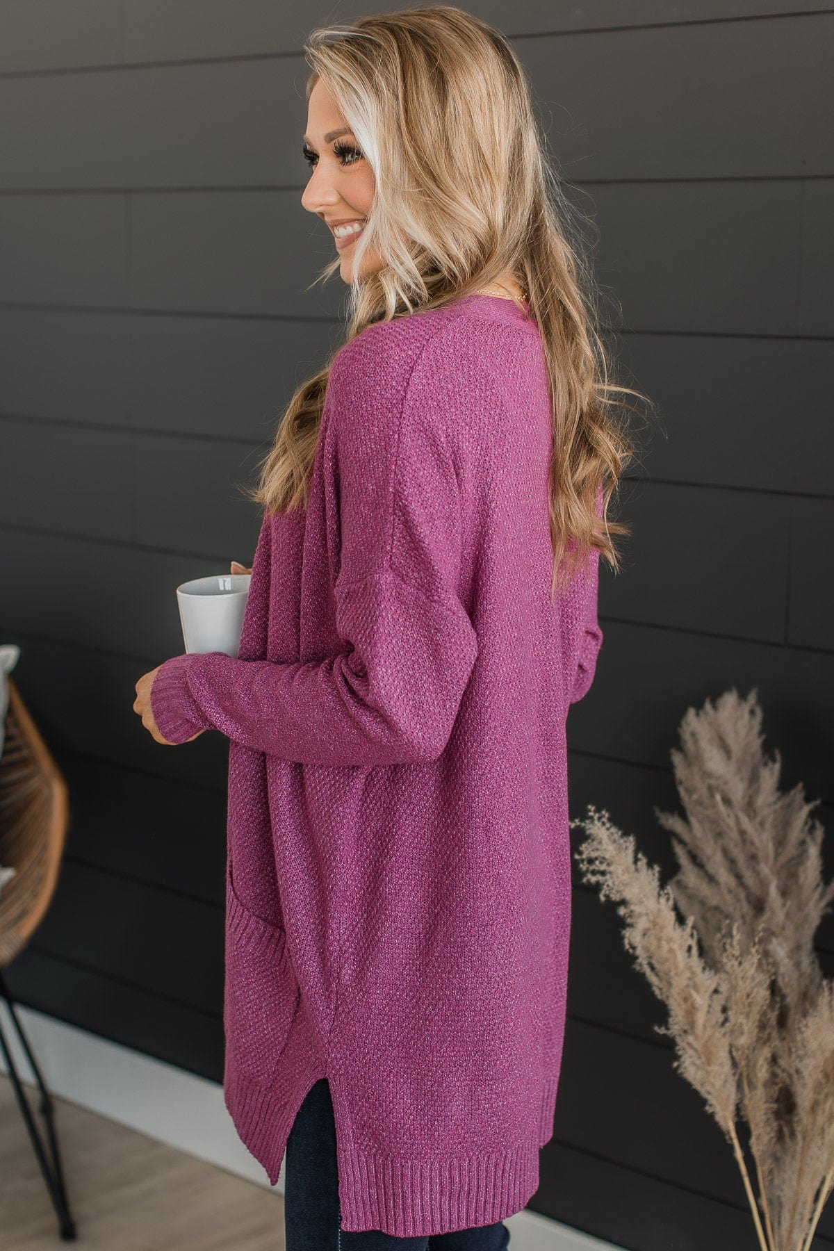 Cozy As Can Be Long Knitted Cardigan- Dark Berry - Image 5
