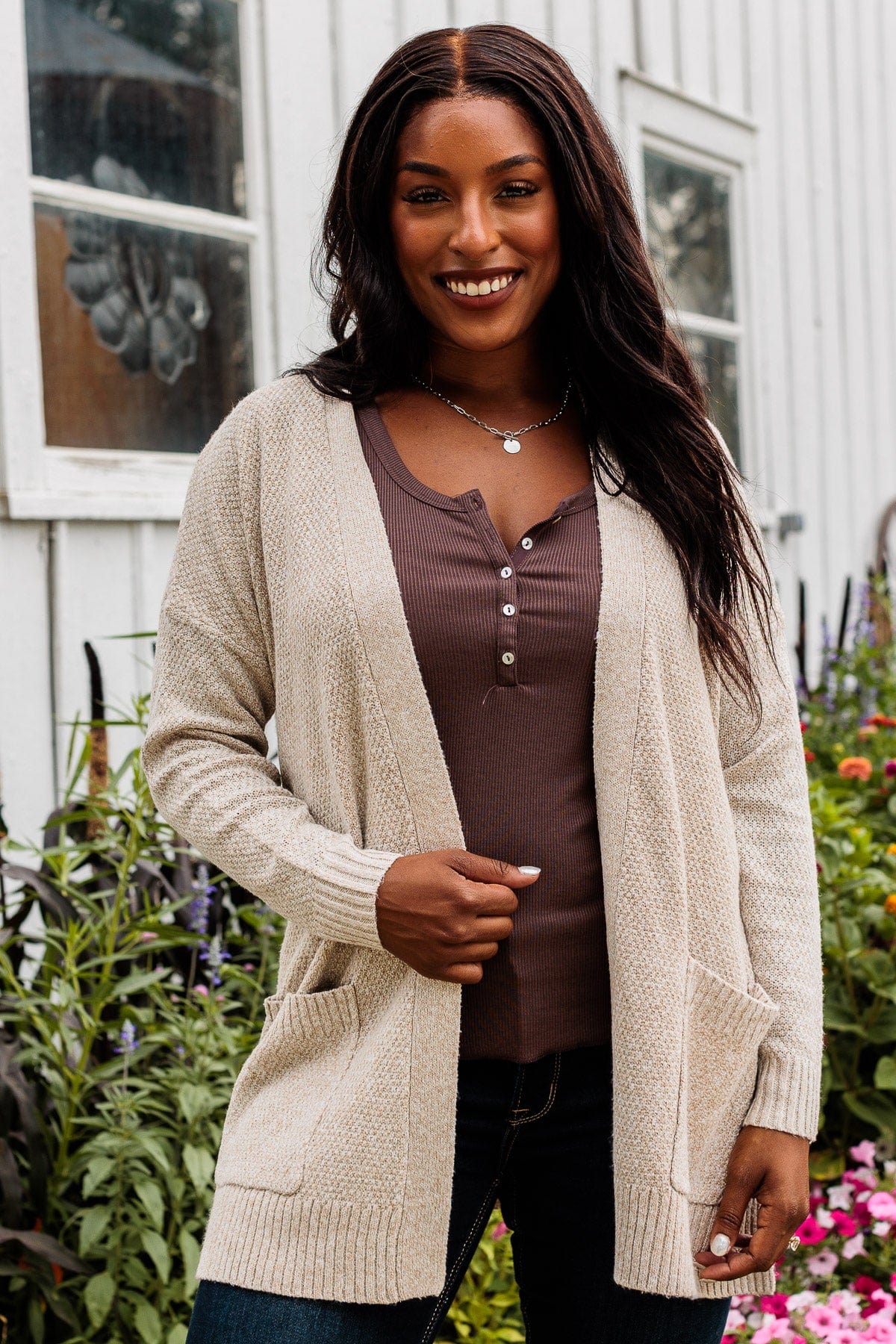 Cozy As Can Be Long Knitted Cardigan- Oatmeal - Image 2