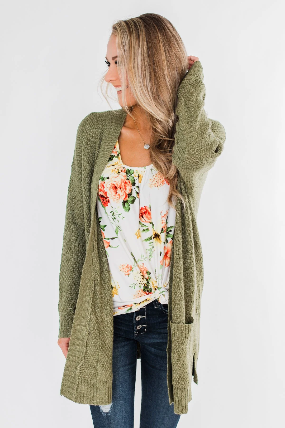 Cozy As Can Be Long Knitted Cardigan- Olive - Image 6