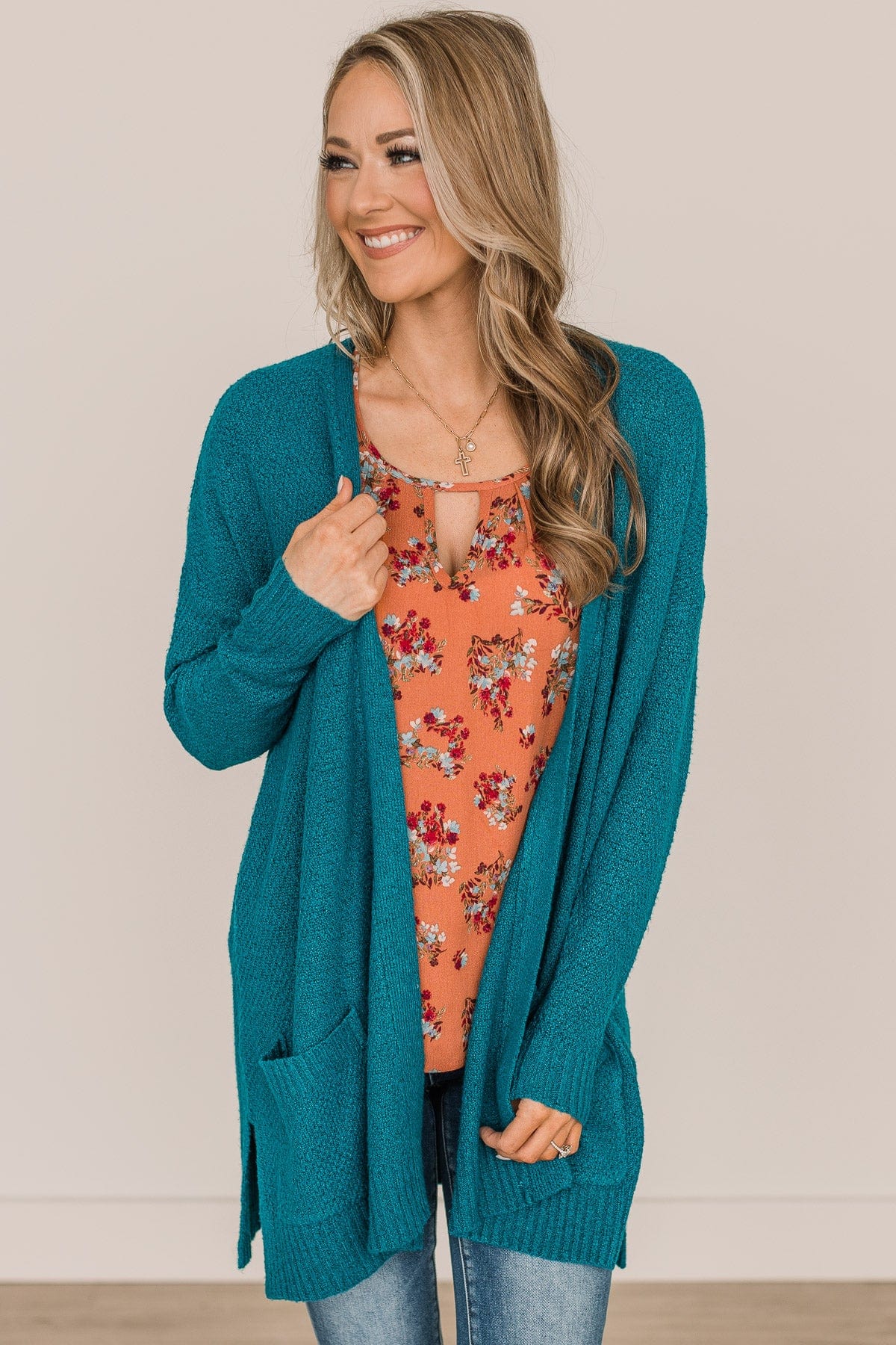 Cozy As Can Be Long Knitted Cardigan- Teal - Image 5