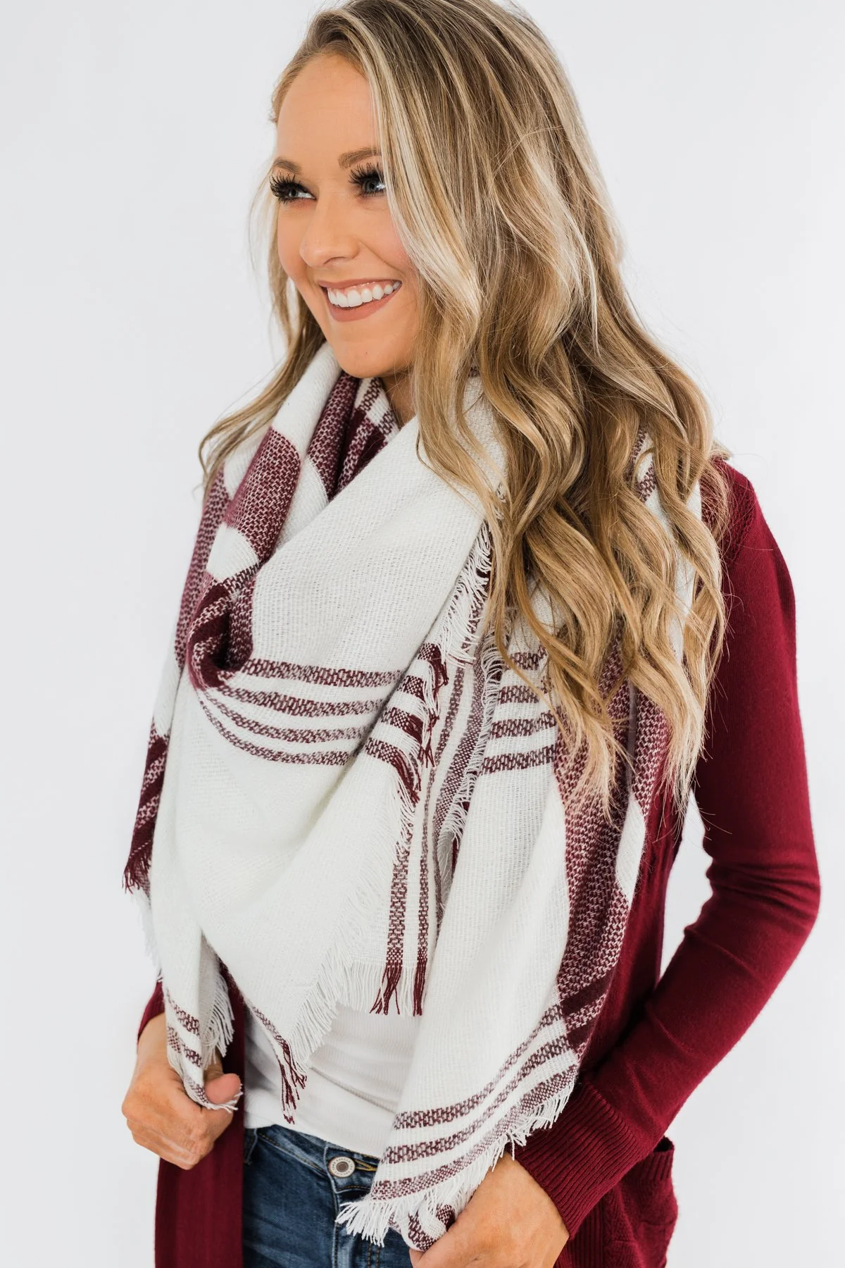 Cozy Blanket Scarf- Cream & Burgundy - Image 4