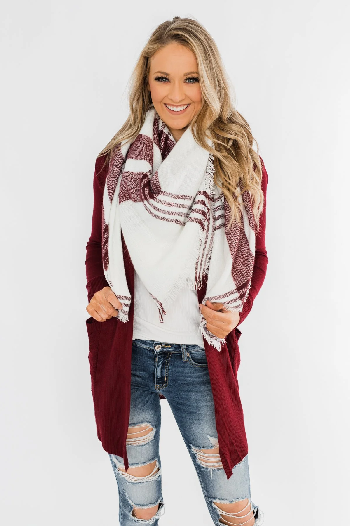 Cozy Blanket Scarf- Cream & Burgundy - Image 5