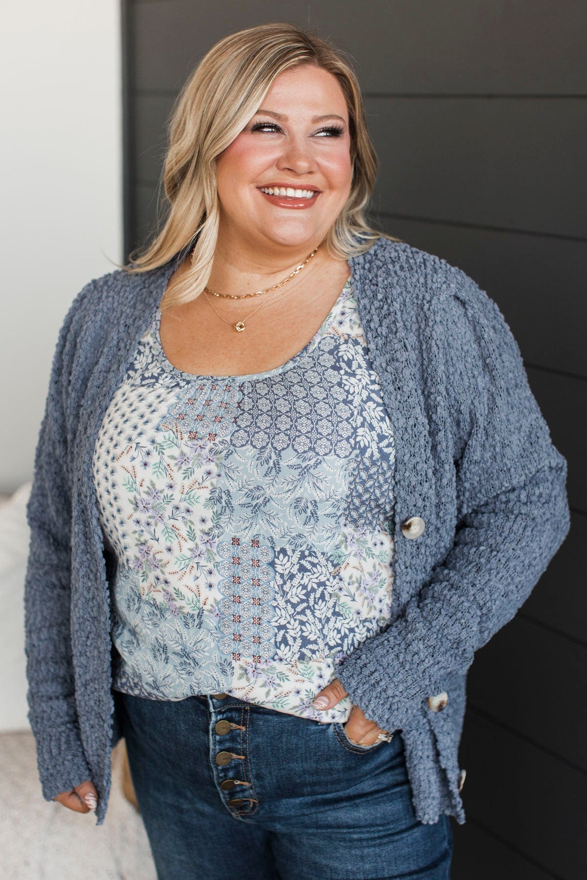 Cozy & Bright Knit Button Cardigan- Denim Blue - Image 2