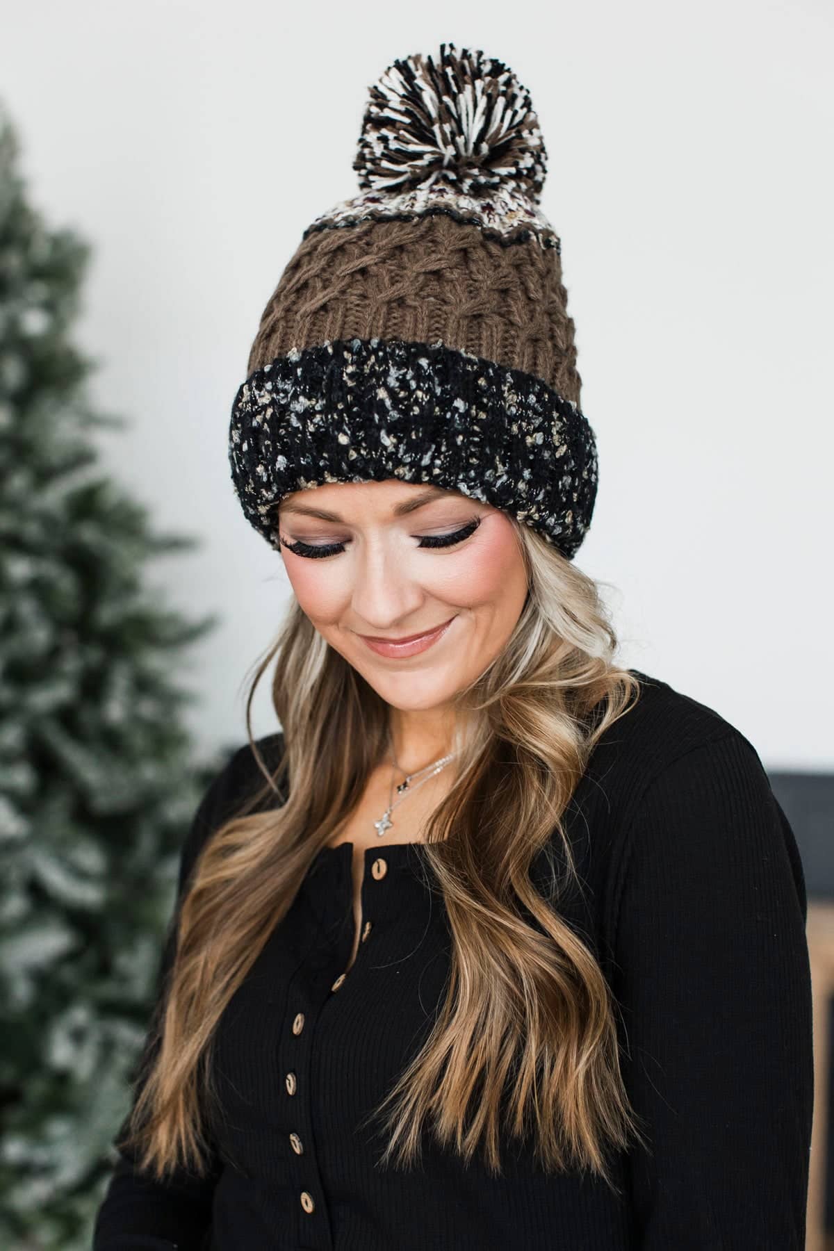 Cozy Cable Knit Pom Beanie- Black & Taupe - Image 3