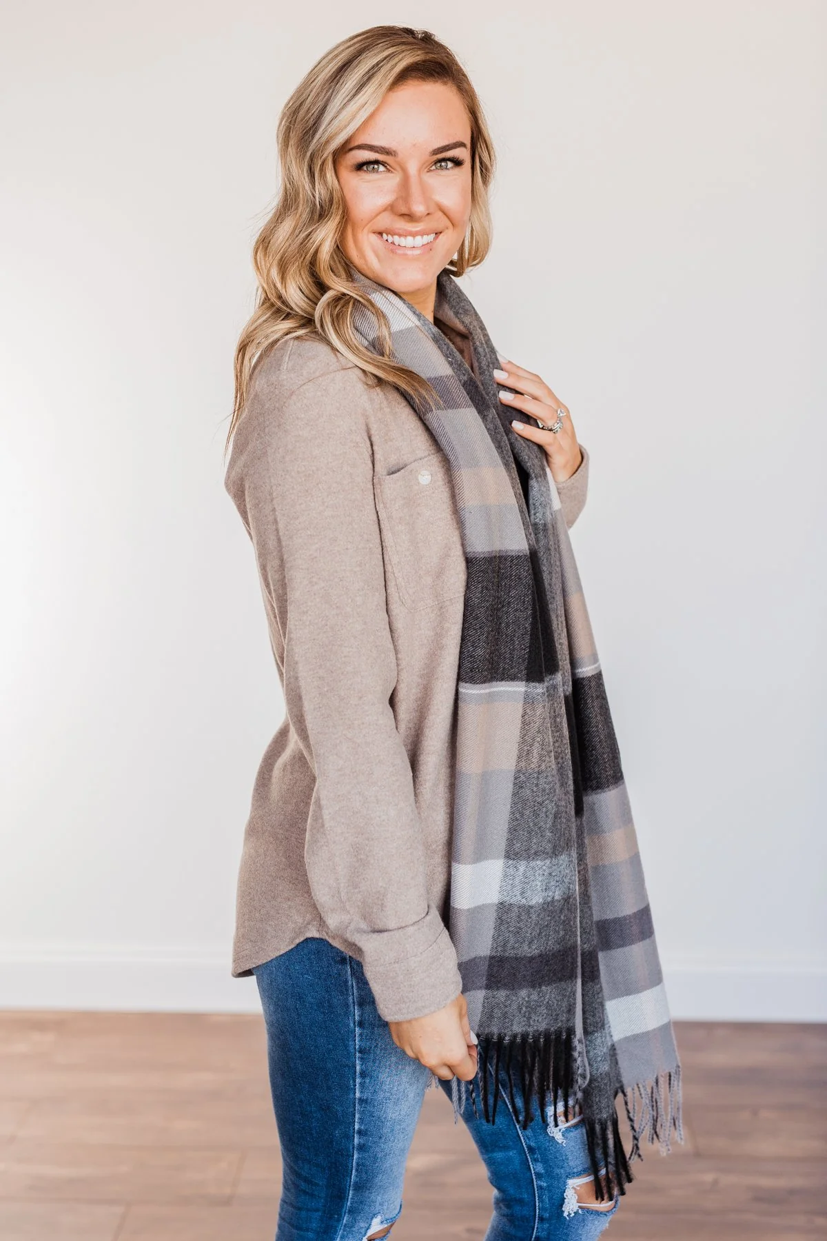 Cozy Cutie Plaid Blanket Scarf- Charcoal - Image 7