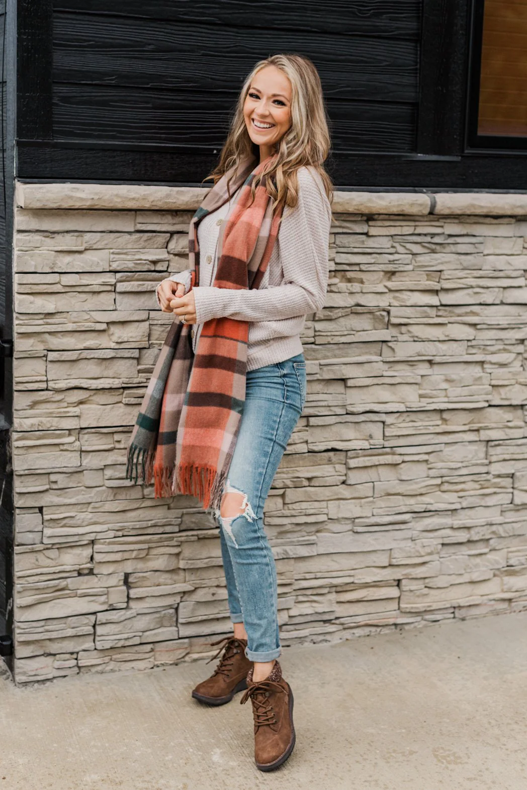 Cozy Cutie Plaid Blanket Scarf- Orange - Image 6