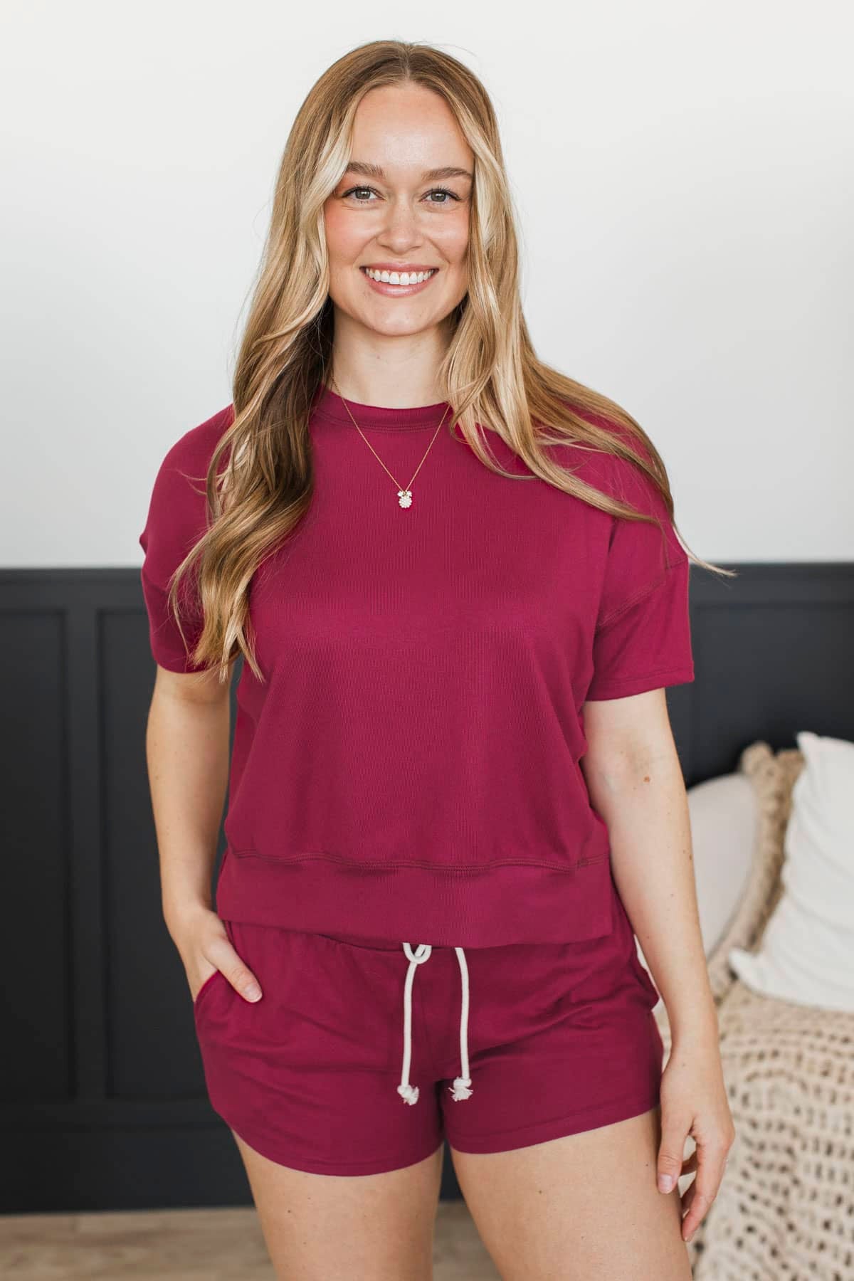 Cozy Evening Lounge Top & Shorts Set- Berry