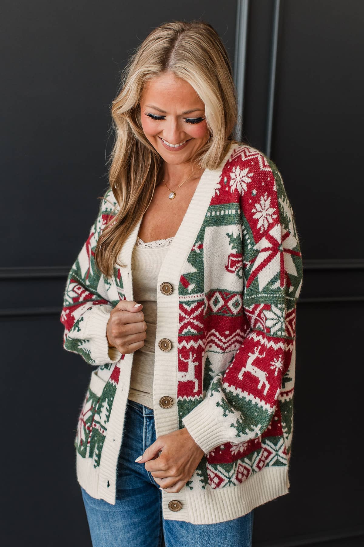 Cozy For Christmas Button Up Cardigan- Cream - Image 2