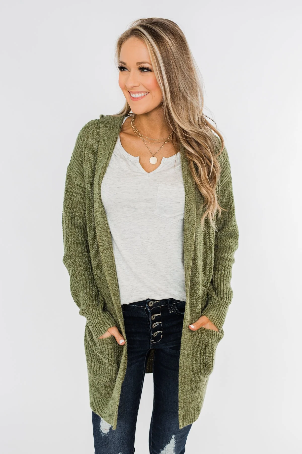 Cozy For The Season Hooded Cardigan- Olive - Image 3