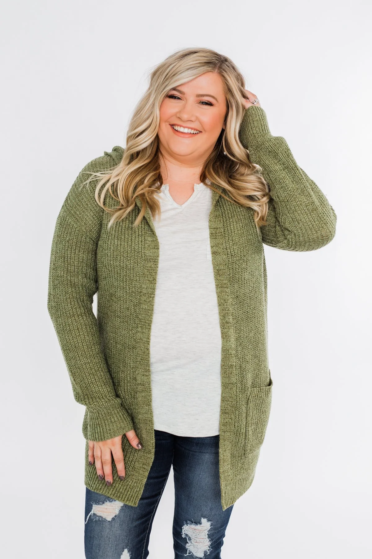 Cozy For The Season Hooded Cardigan- Olive - Image 8