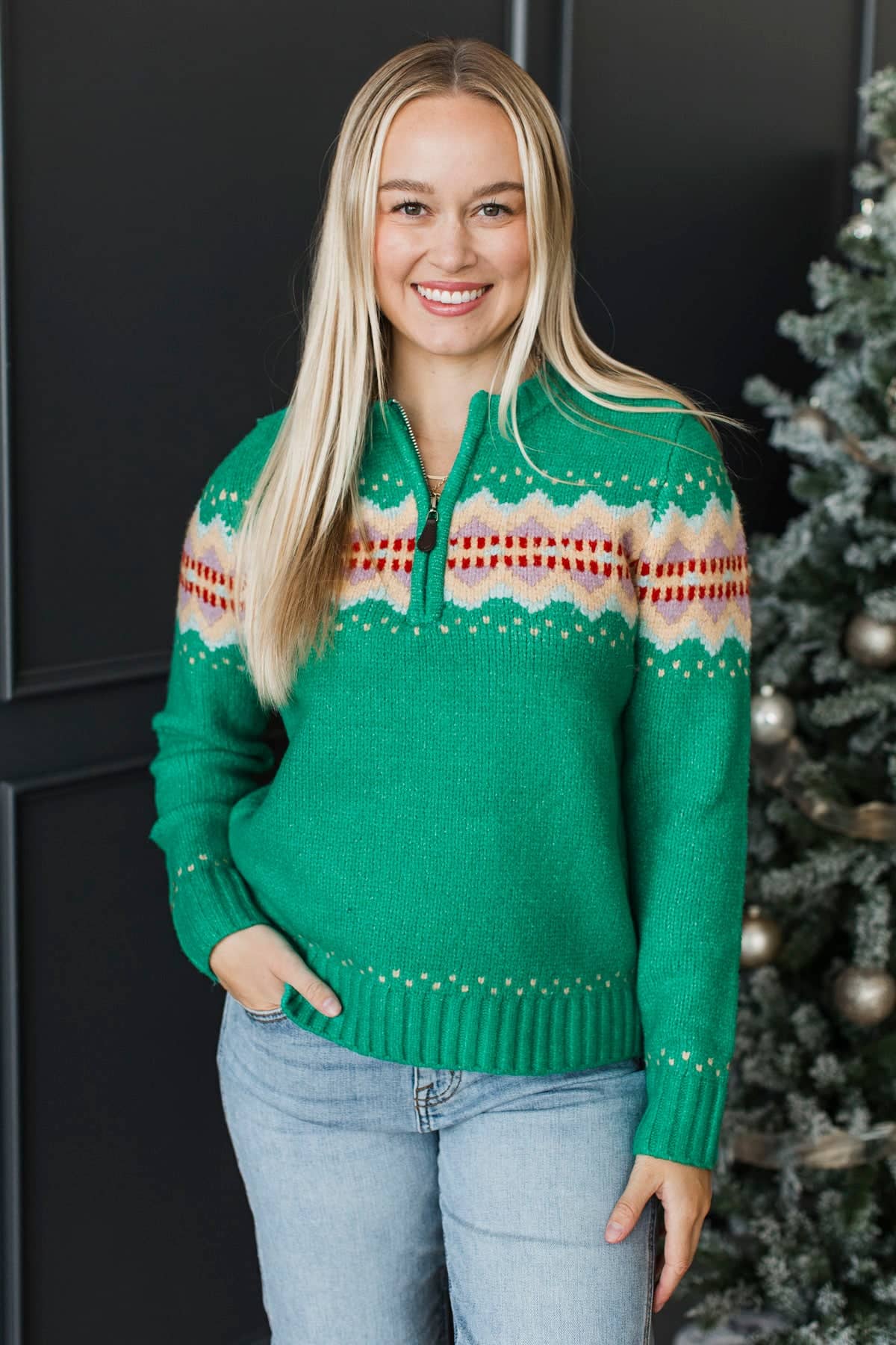 Cozy Getaway Quarter Zip Knit Sweater- Green - Image 3