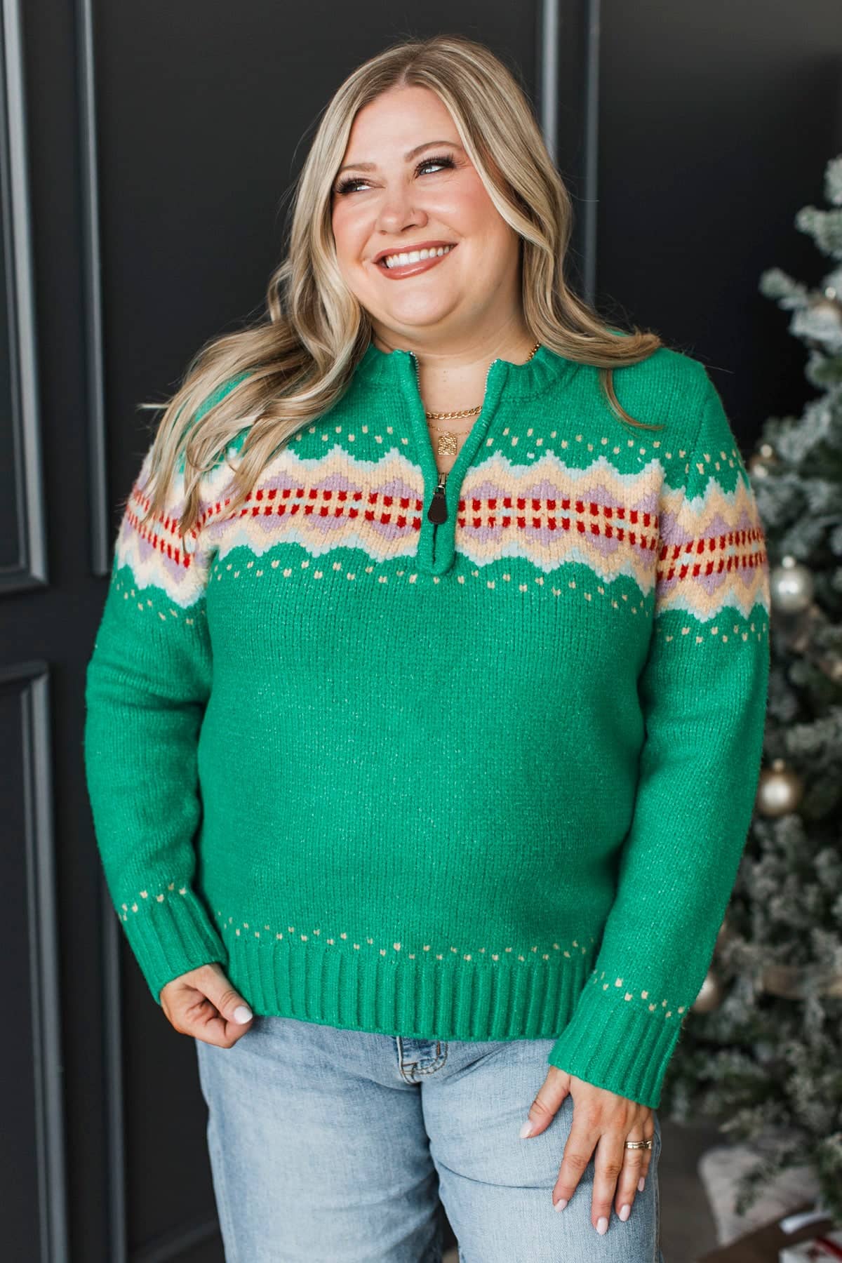 Cozy Getaway Quarter Zip Knit Sweater- Green - Image 4
