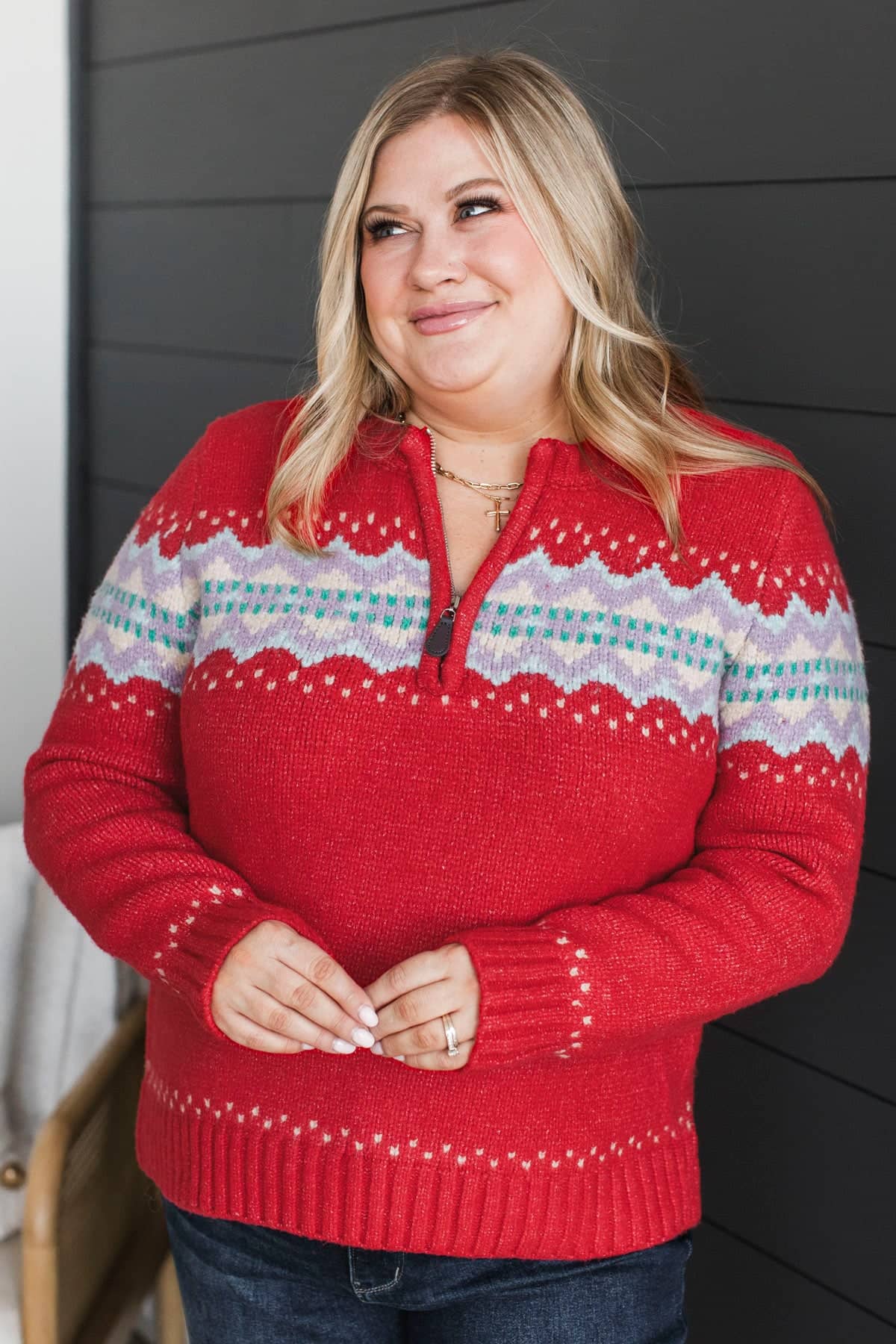 Cozy Getaway Quarter Zip Knit Sweater- Red - Image 3
