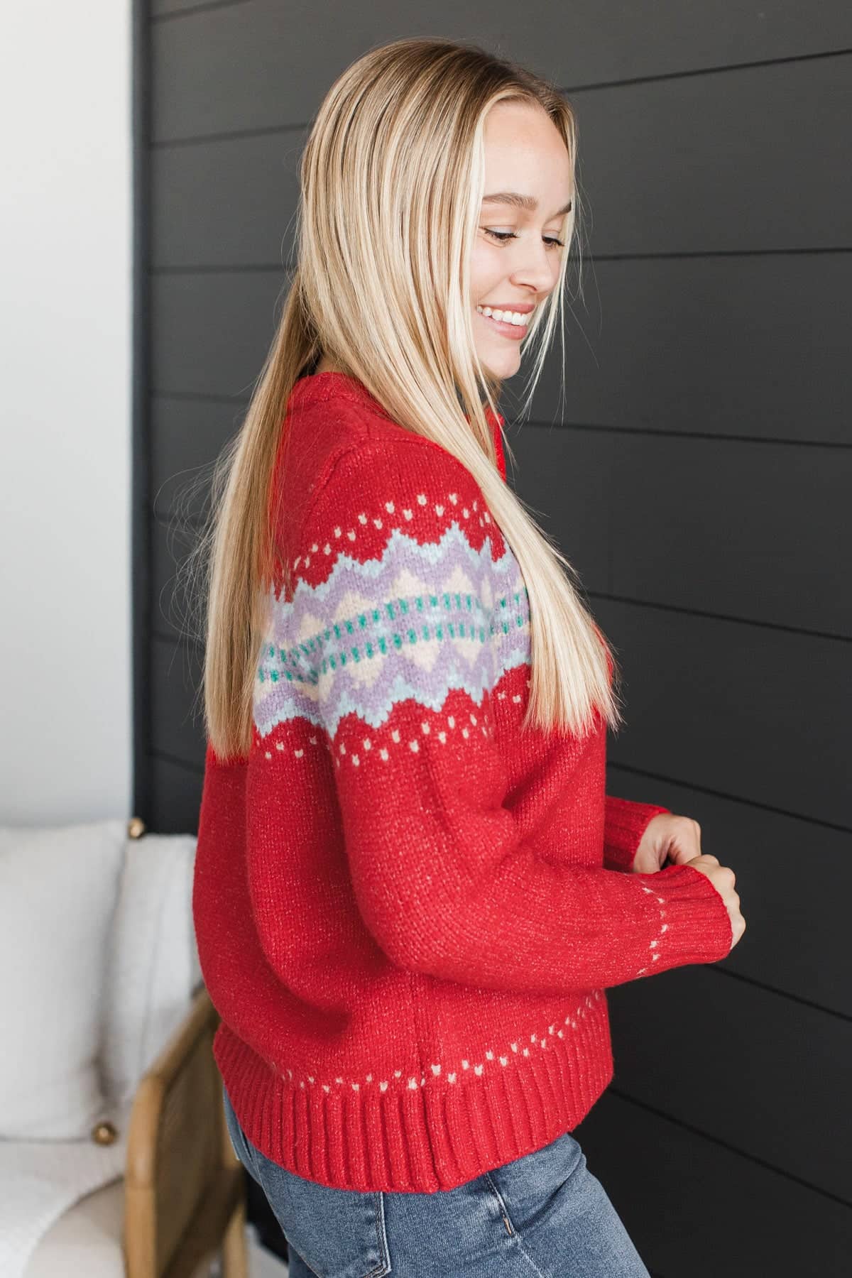 Cozy Getaway Quarter Zip Knit Sweater- Red - Image 6