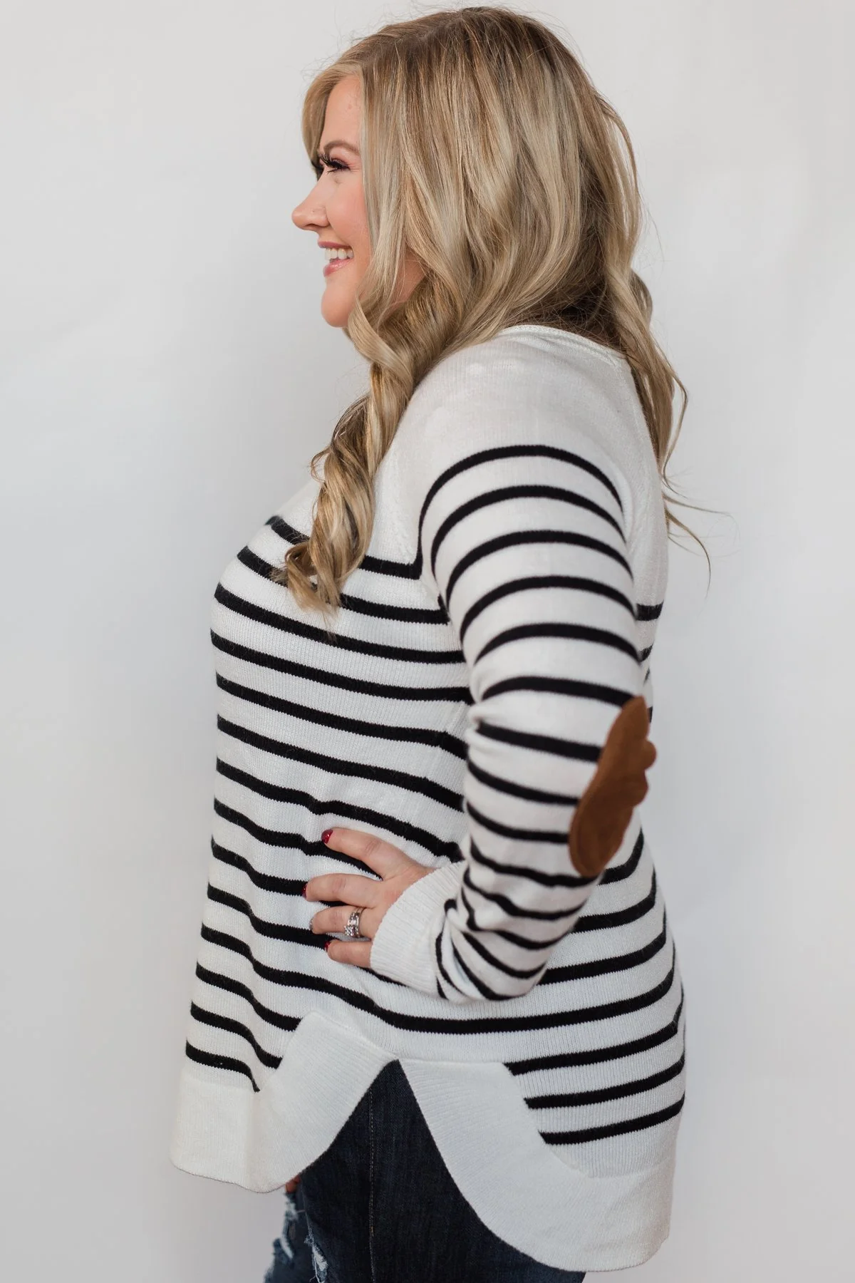 Cozy in Stripes Elbow Patch Sweater - Black & White - Image 11