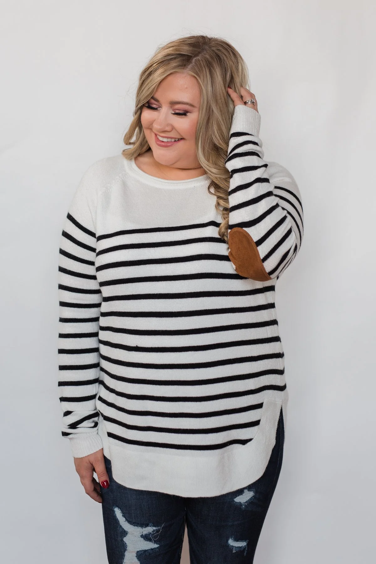 Cozy in Stripes Elbow Patch Sweater - Black & White - Image 2