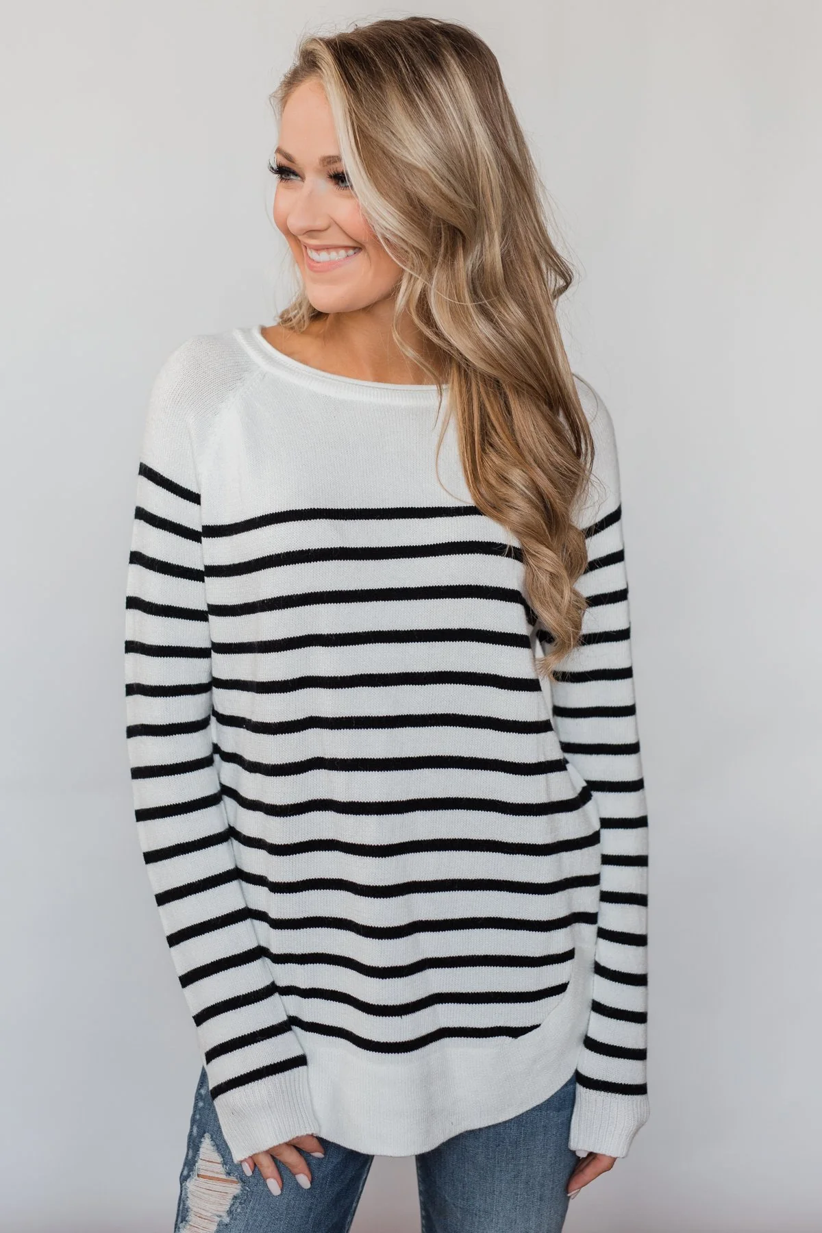 Cozy in Stripes Elbow Patch Sweater - Black & White - Image 3