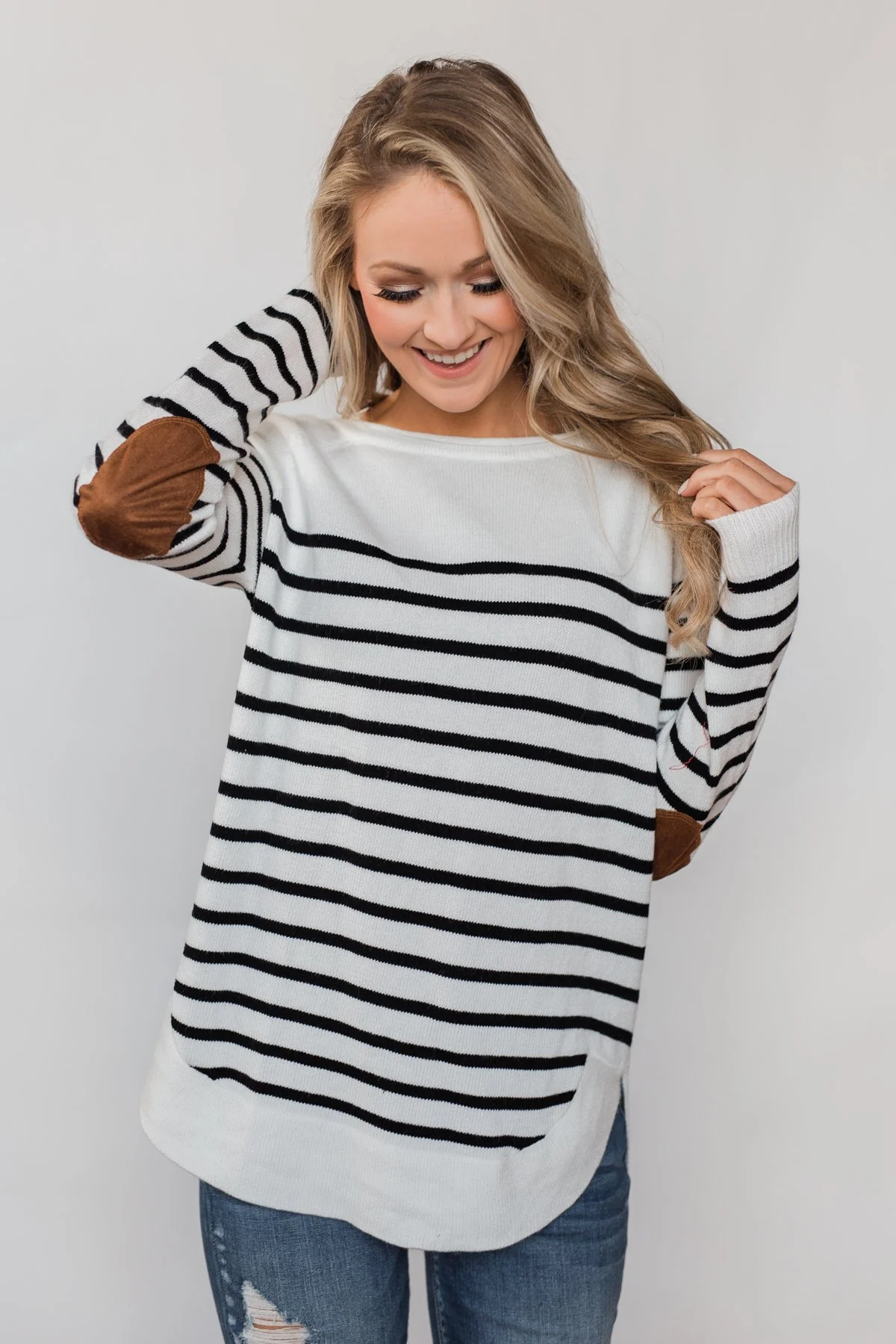 Cozy in Stripes Elbow Patch Sweater - Black & White - Image 4
