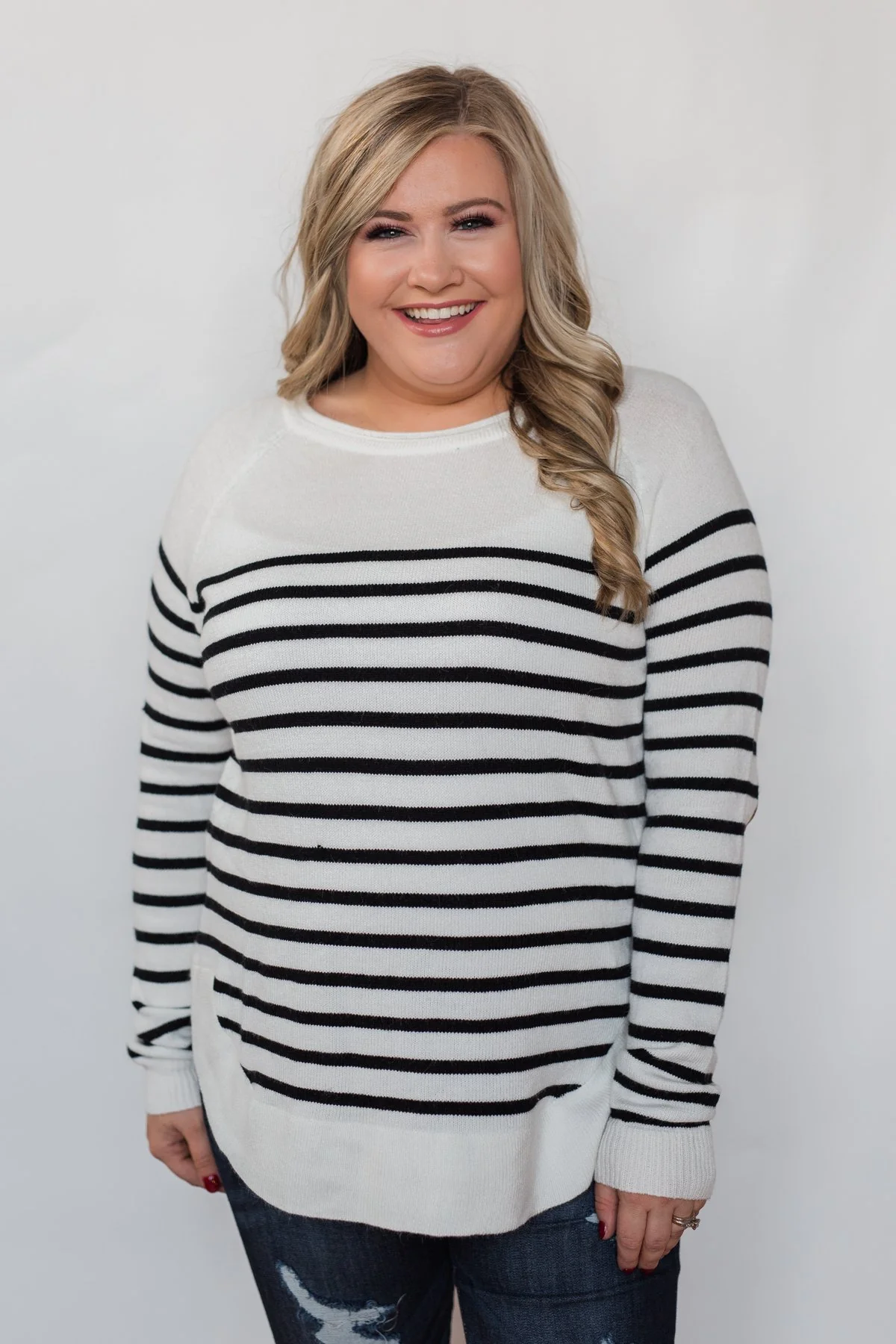 Cozy in Stripes Elbow Patch Sweater - Black & White - Image 9