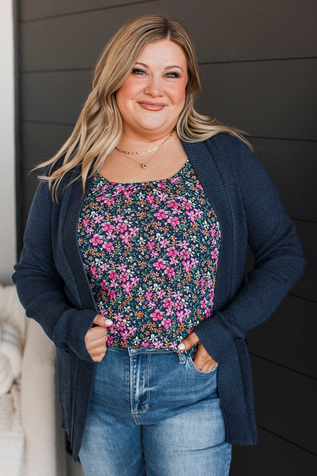 Cozy In This Moment Knit Cardigan- Navy - Image 2