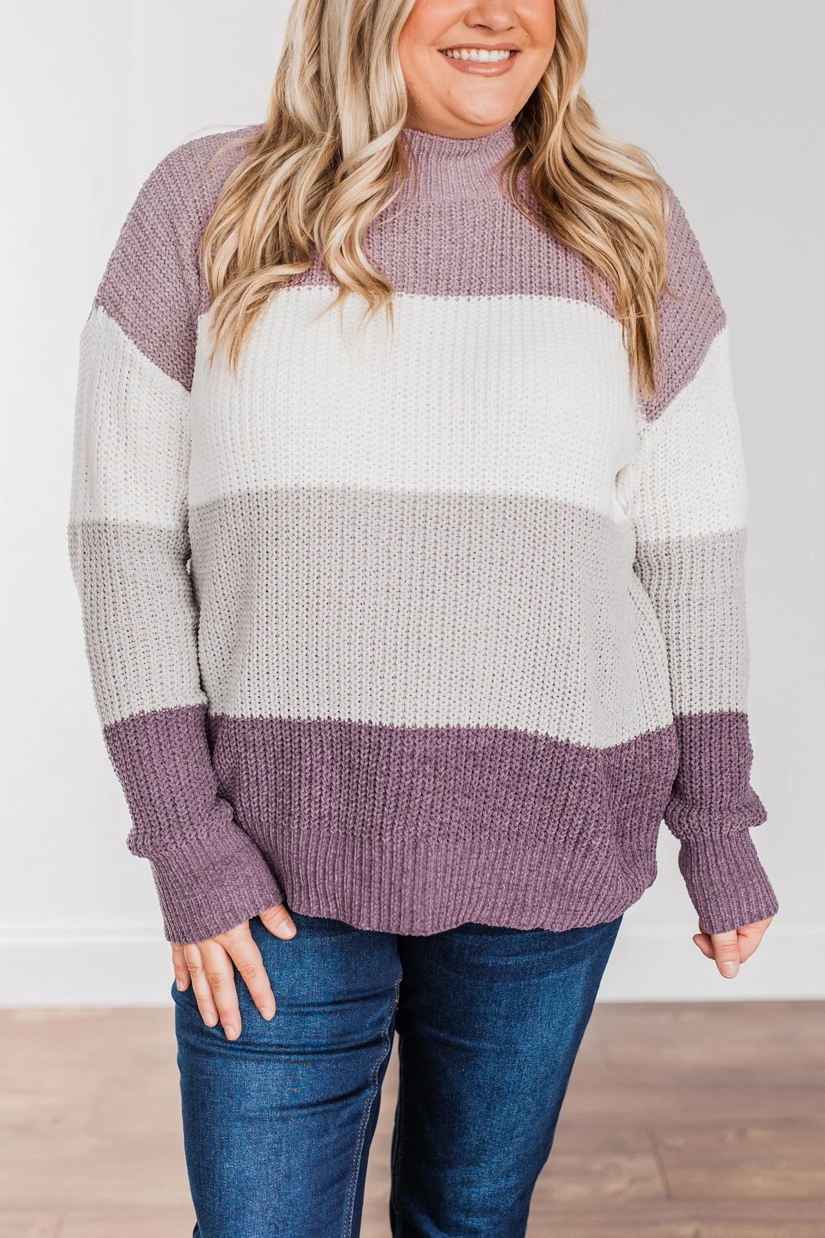 Cozy Looks Color Block Sweater- Purples, Ivory, & Grey - Image 4