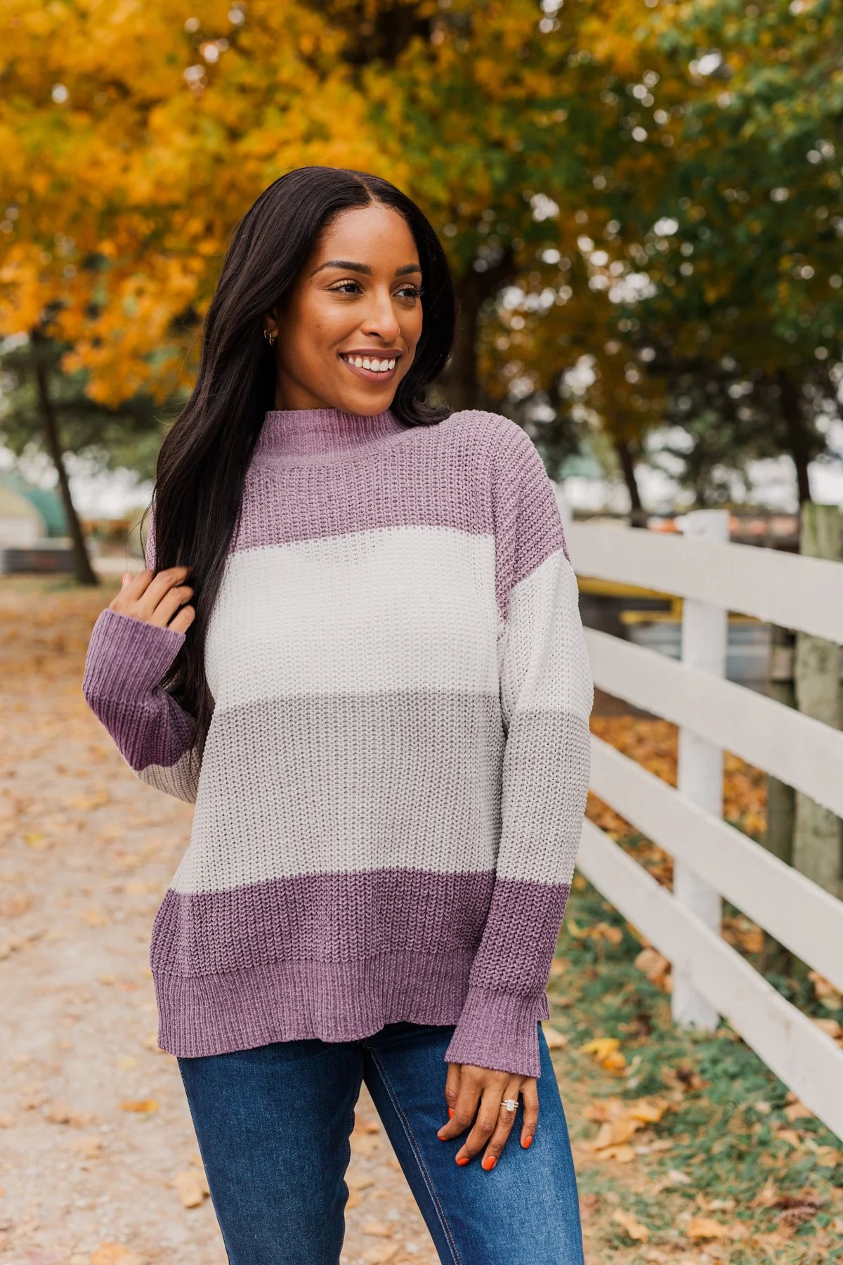 Cozy Looks Color Block Sweater- Purples, Ivory, & Grey - Image 5