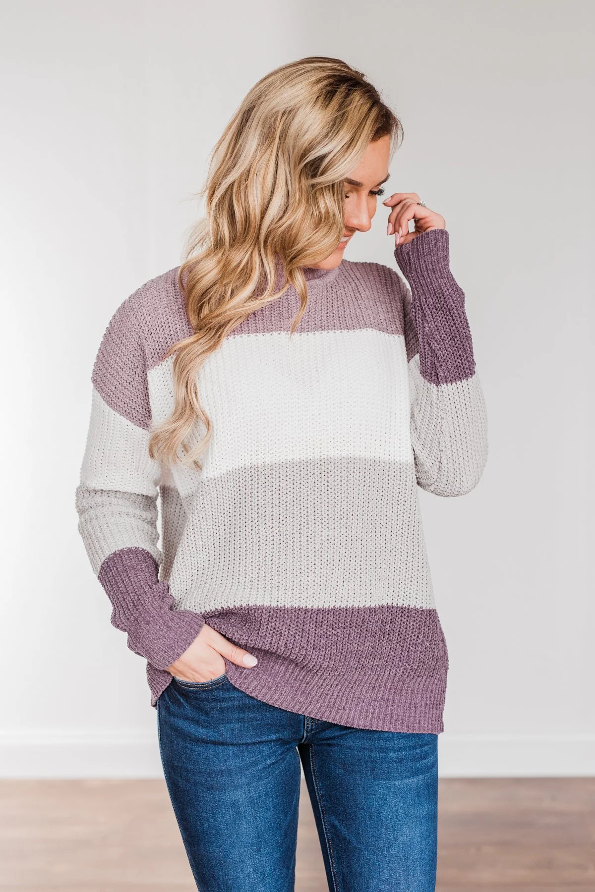 Cozy Looks Color Block Sweater- Purples, Ivory, & Grey - Image 6