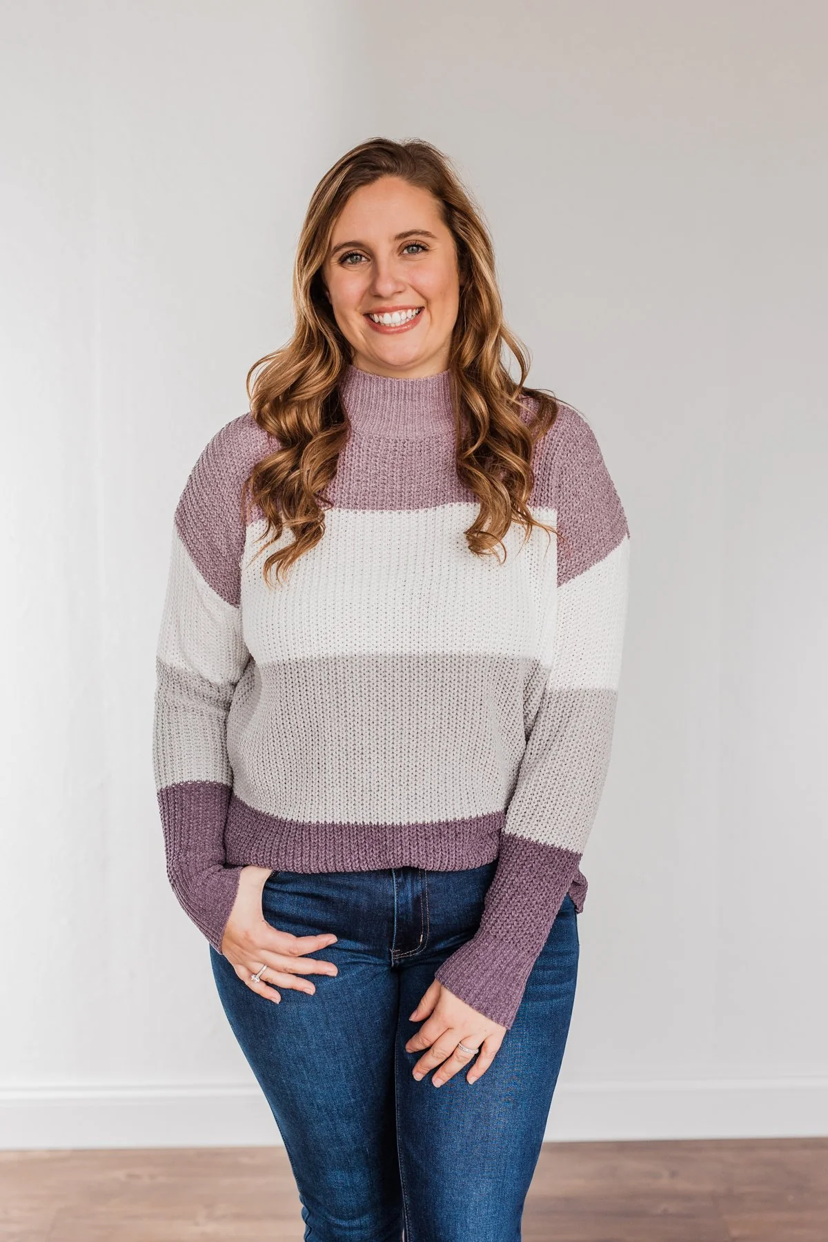 Cozy Looks Color Block Sweater- Purples, Ivory, & Grey - Image 7