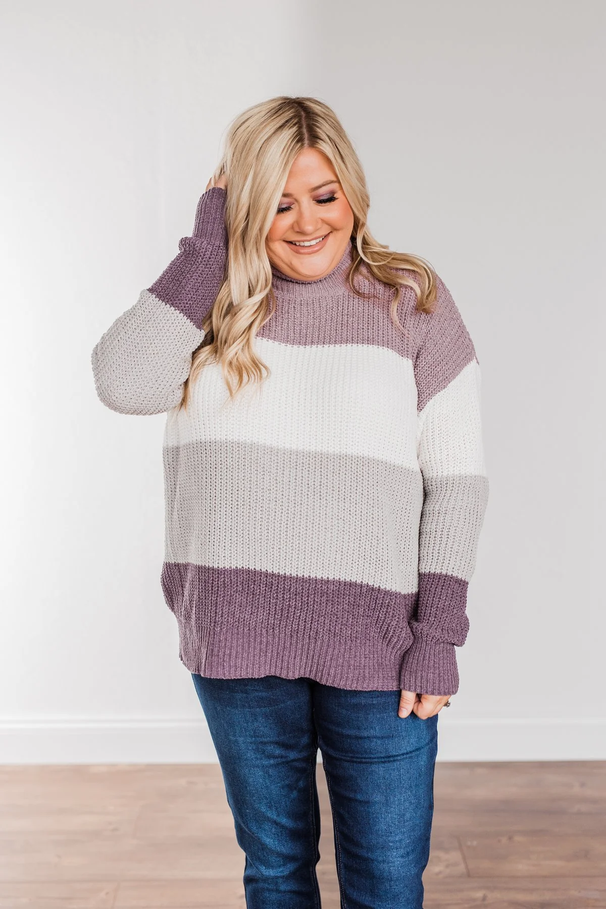 Cozy Looks Color Block Sweater- Purples, Ivory, & Grey - Image 8