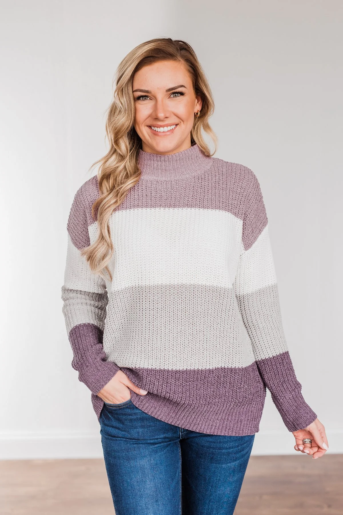 Cozy Looks Color Block Sweater- Purples, Ivory, & Grey - Image 9