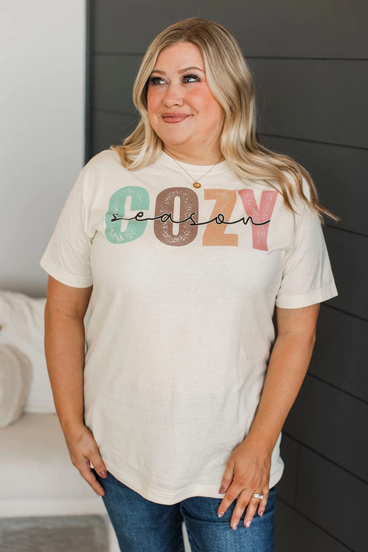 "Cozy Season" Short Sleeve Graphic Tee- Cream - Image 3