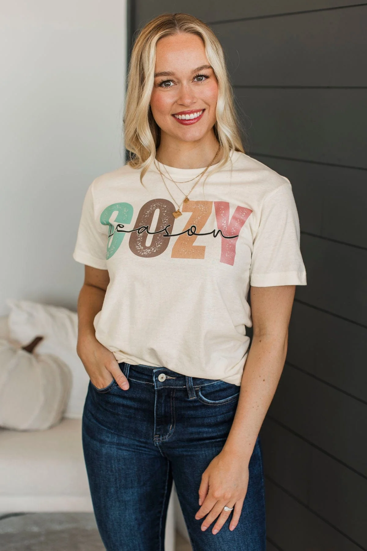 "Cozy Season" Short Sleeve Graphic Tee- Cream - Image 4