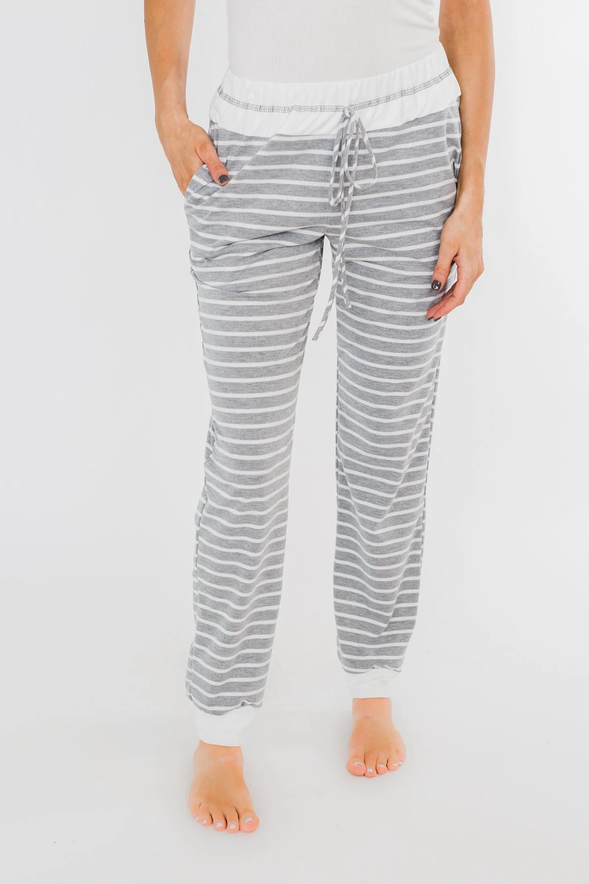 Cozy Striped Joggers- Heather Grey & Ivory - Image 5