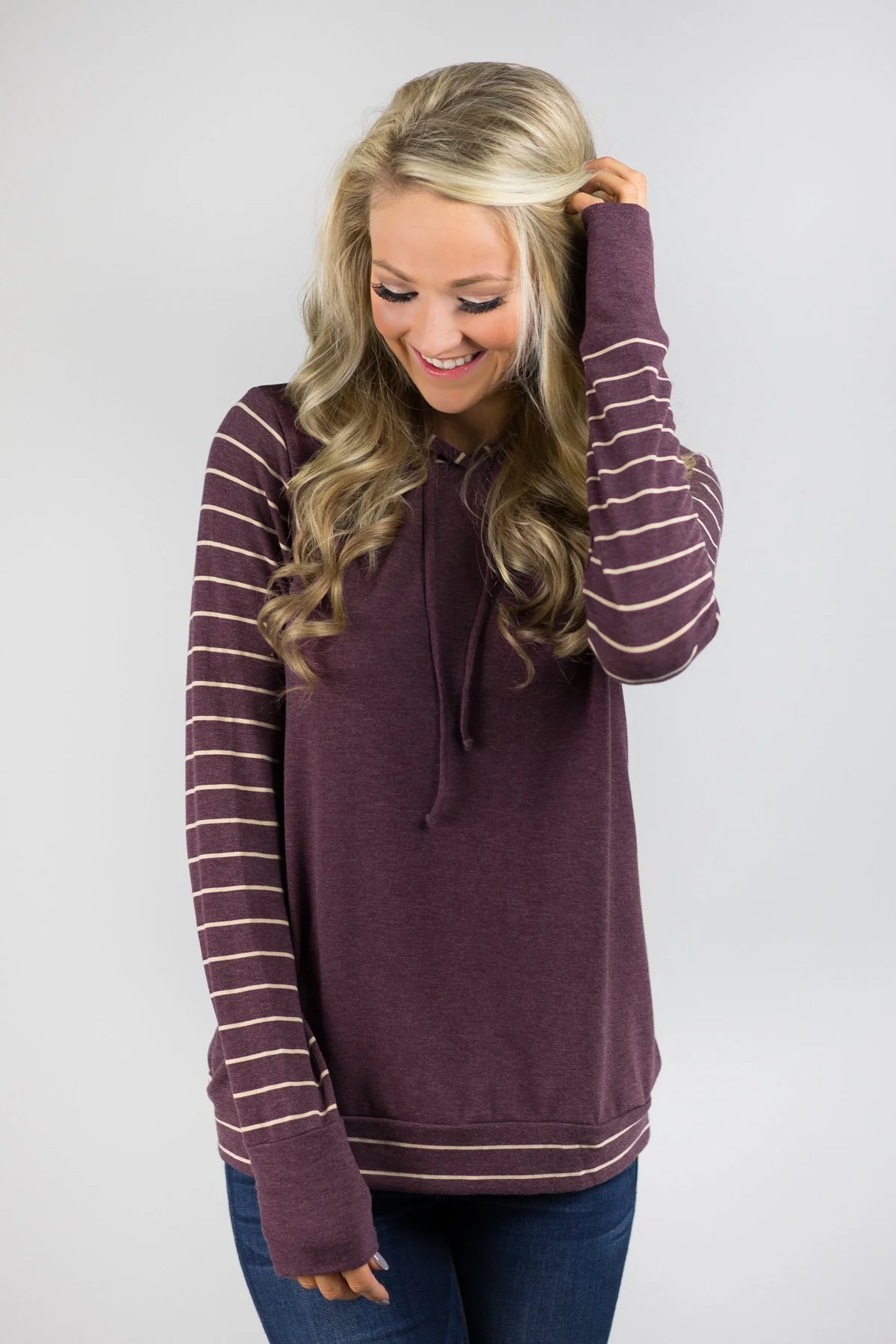 Cozy Striped Sleeve Hoodie - Deep Purple