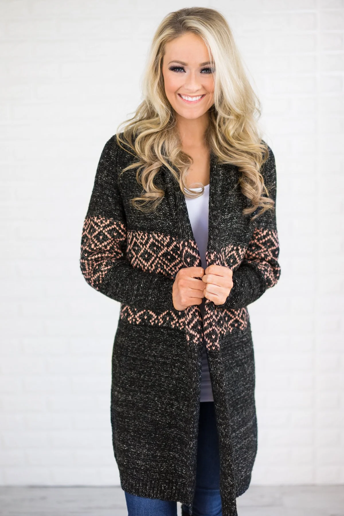 Cozy Sweater Cardigan Charcoal & Pink - Image 2