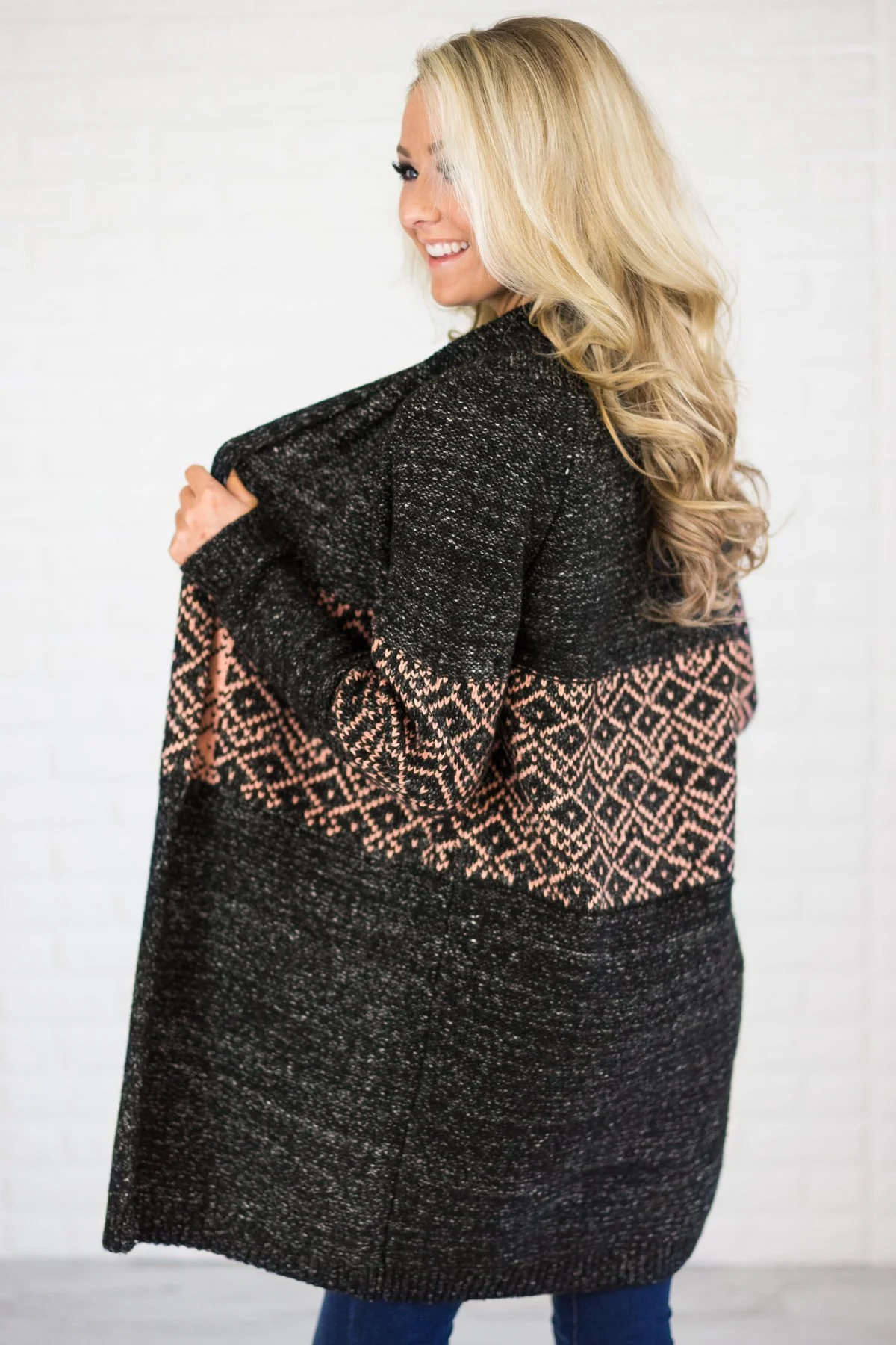 Cozy Sweater Cardigan Charcoal & Pink - Image 3