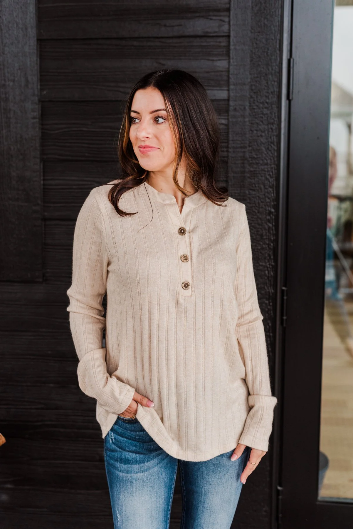 Cozy Up Close Button Henley Top- Cream - Image 9