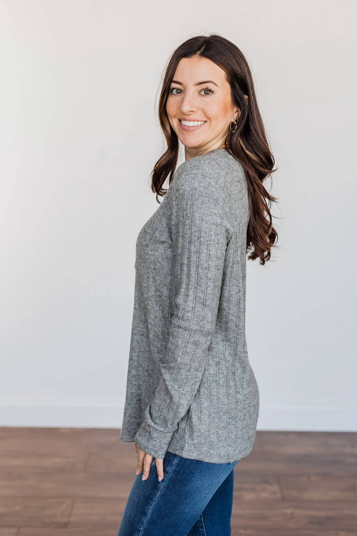 Cozy Up Close Button Henley Top- Grey - Image 6