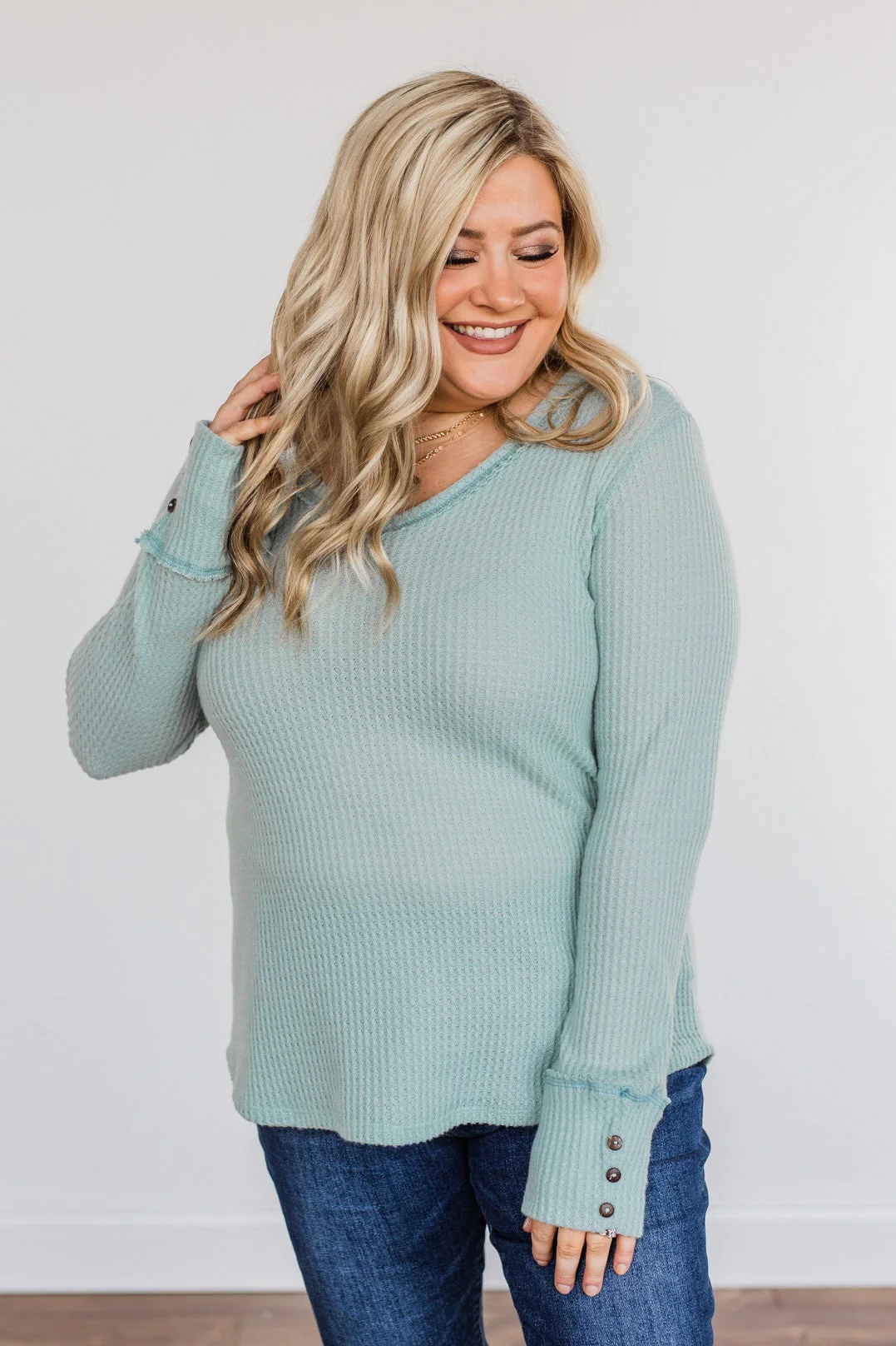 Cozy Up Waffle Knit Long Sleeve Top- Light Mint - Image 11