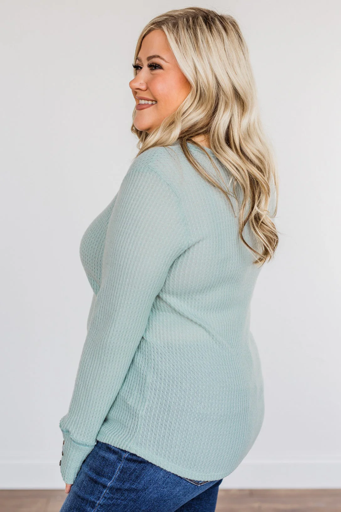 Cozy Up Waffle Knit Long Sleeve Top- Light Mint - Image 14