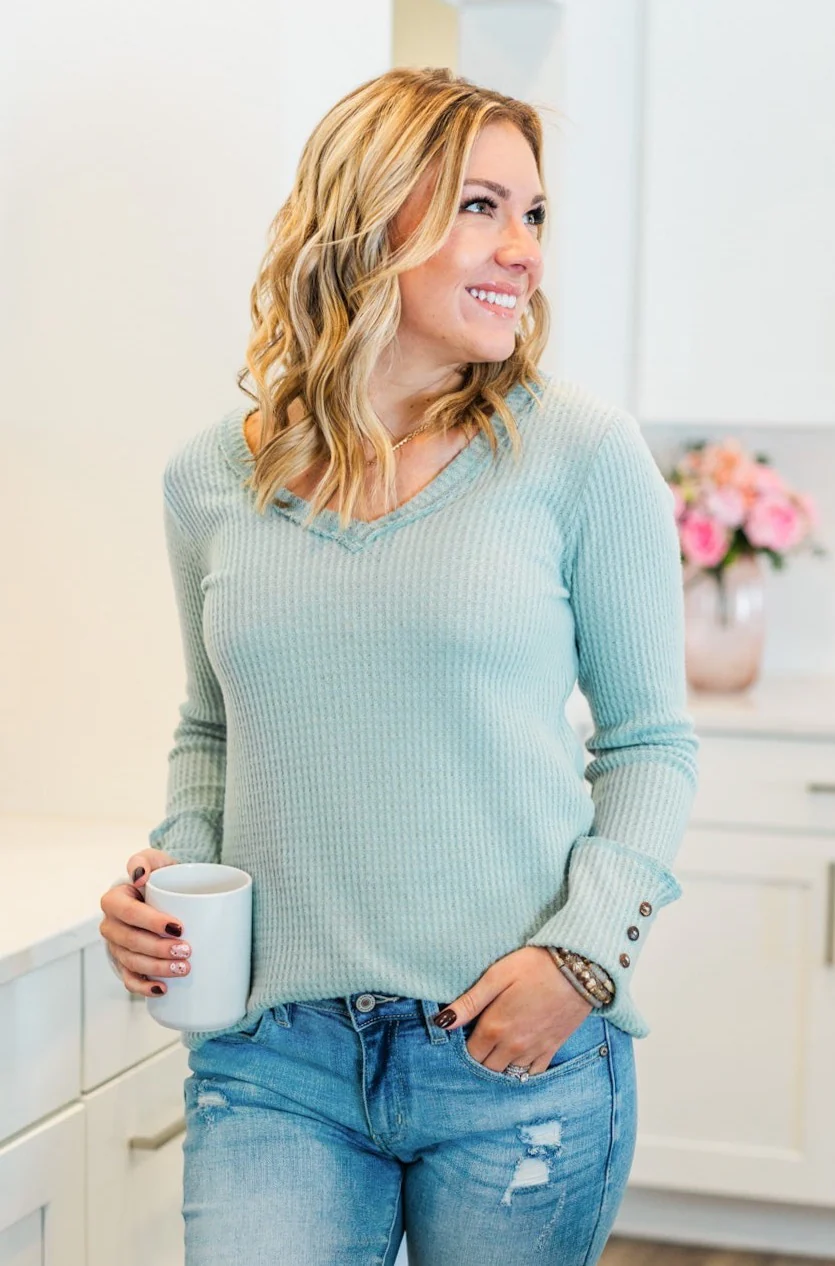 Cozy Up Waffle Knit Long Sleeve Top- Light Mint - Image 4