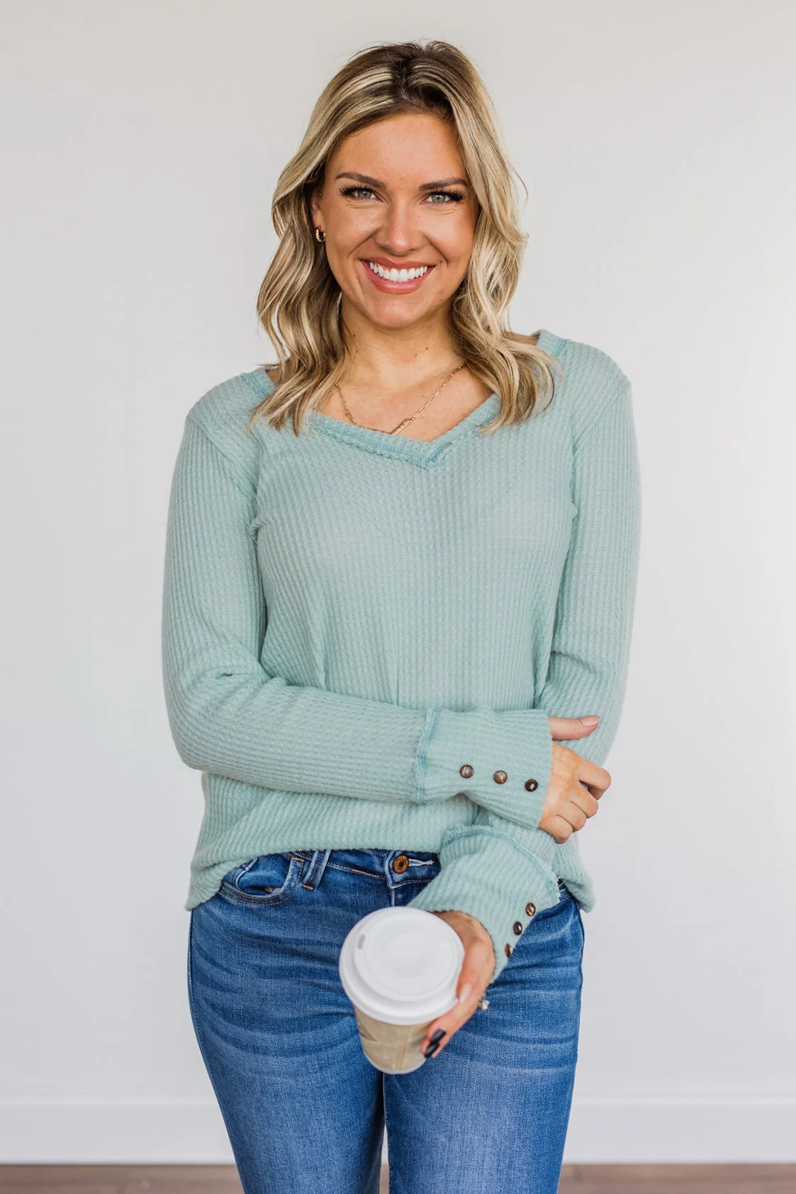 Cozy Up Waffle Knit Long Sleeve Top- Light Mint - Image 7