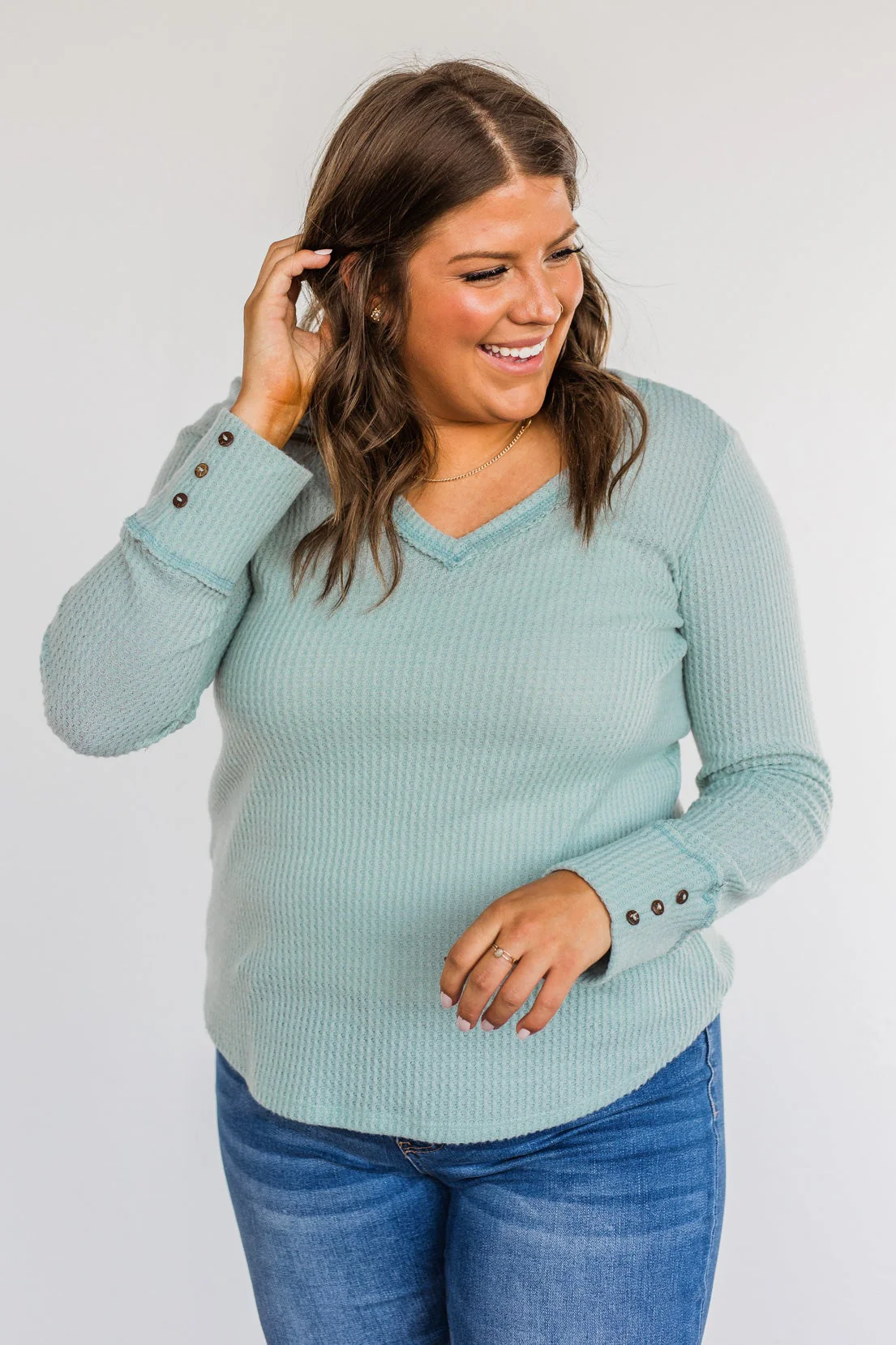 Cozy Up Waffle Knit Long Sleeve Top- Light Mint - Image 9