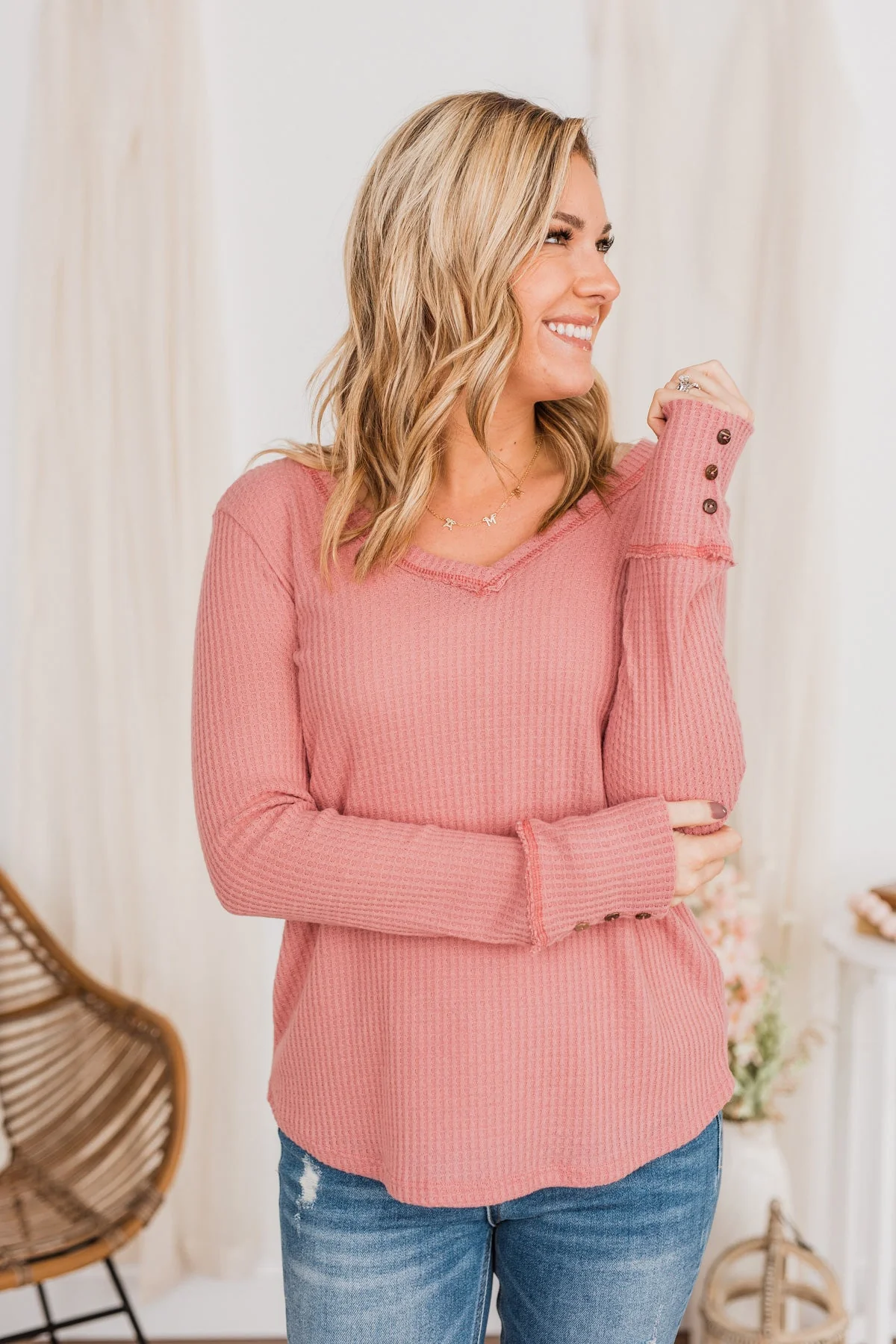 Cozy Up Waffle Knit Long Sleeve Top- Pink - Image 4