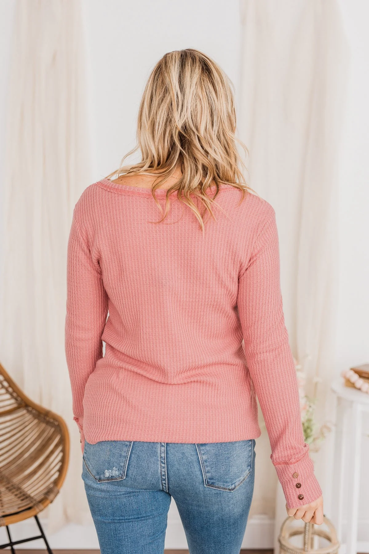 Cozy Up Waffle Knit Long Sleeve Top- Pink - Image 8