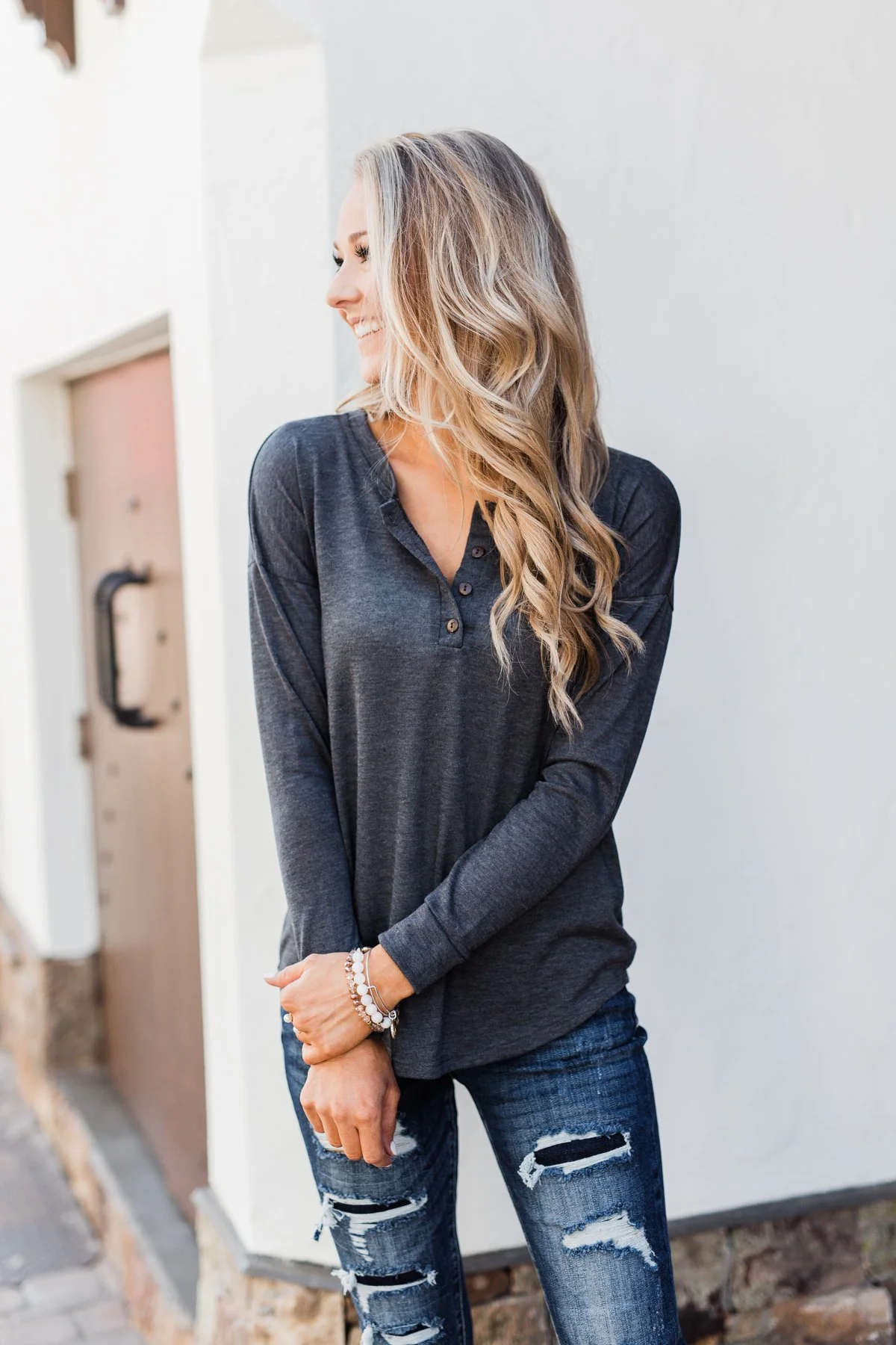 Cozy & Warm 4 Button Henley Top- Dark Grey - Image 7