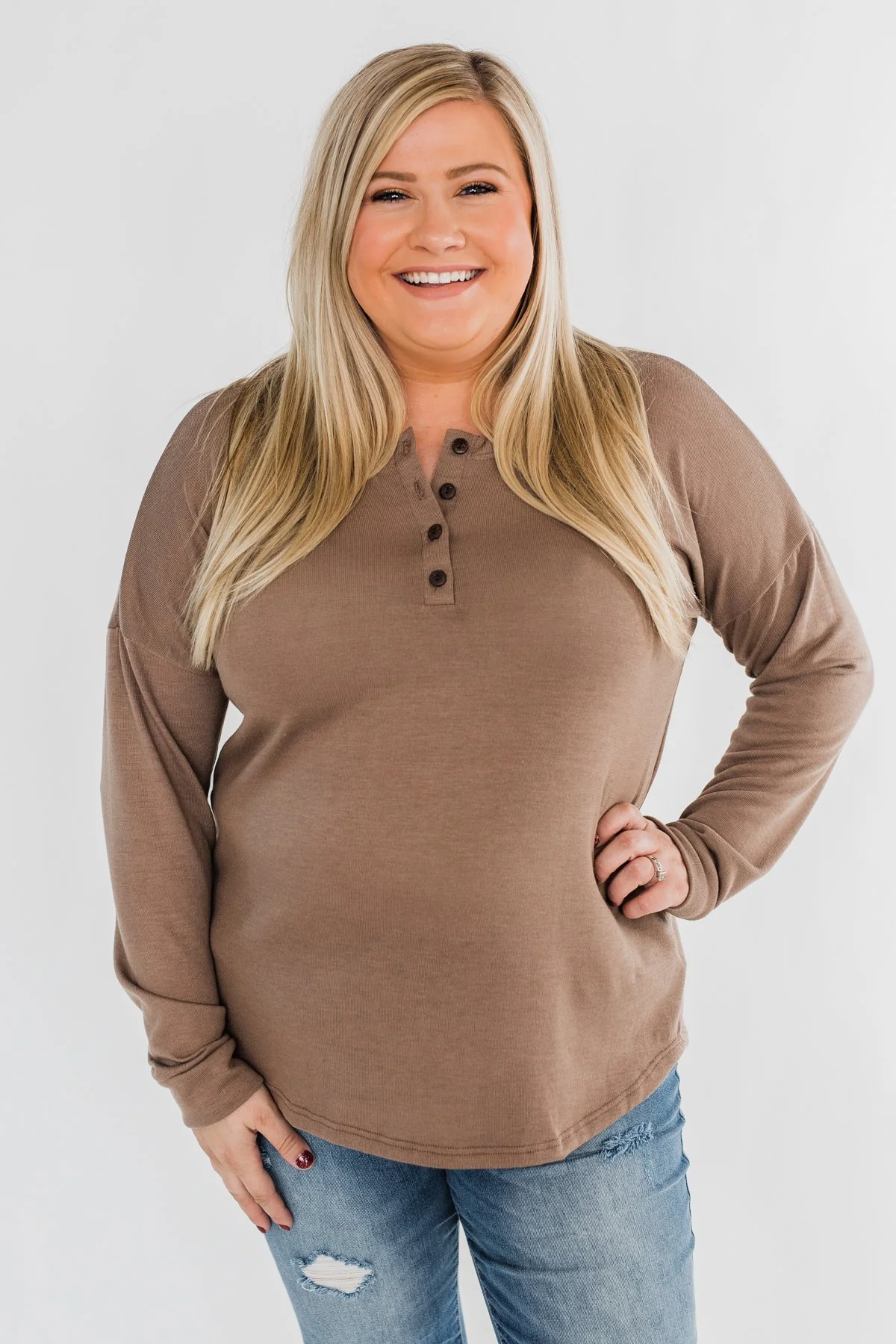 Cozy & Warm 4 Button Henley Top- Light Brown - Image 4