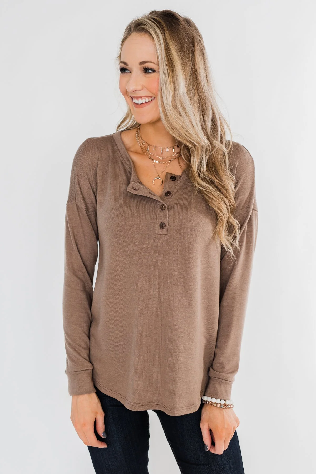 Cozy & Warm 4 Button Henley Top- Light Brown - Image 5